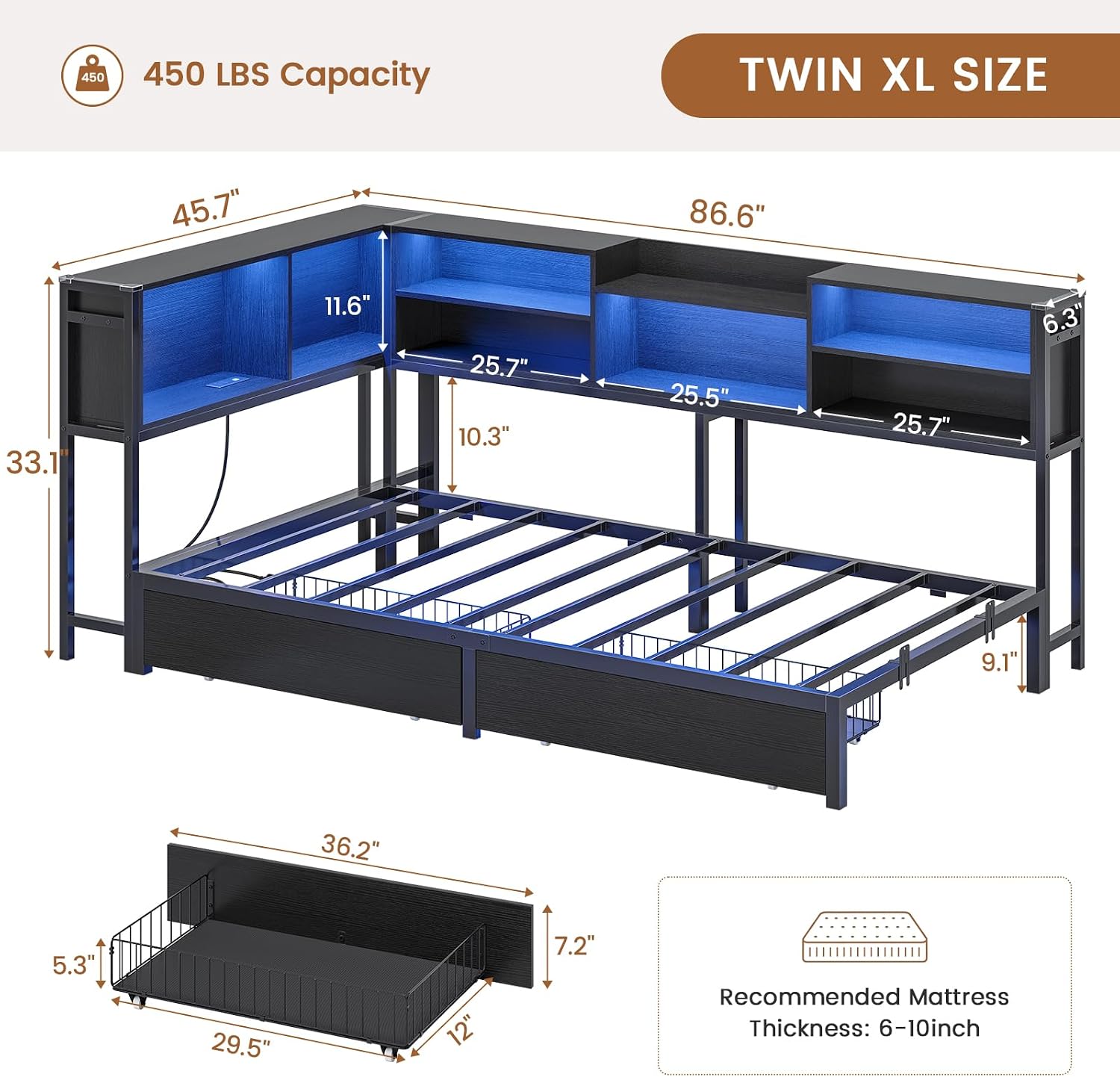 Hasuit Corner Bed Frame Twin XL with 2 Drawers and Storage Bookcase, Daybed with Charging Station and LED Lights, Metal Platform Bed with Bookshleves,Twin XL Bed Frame for Kids Teens Guests, Black