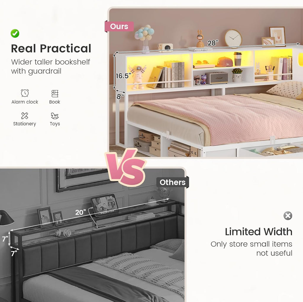 ADORNEVE Corner Bed Frame Full Size with Bookcase Storage & RGB Lights, Charging Station, Metal Daybed with 3 Drawers & 2 Open Cubbies, for Teens, Small Space, White