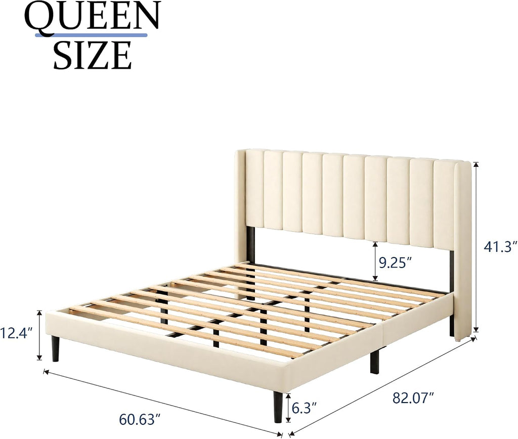 Gruwans Queen Size Bed Frame with Upholstered Wingback Headboard, Easy Assemnly Platform Bed, Wooden Slat Support No Box Spring Needed, Cream