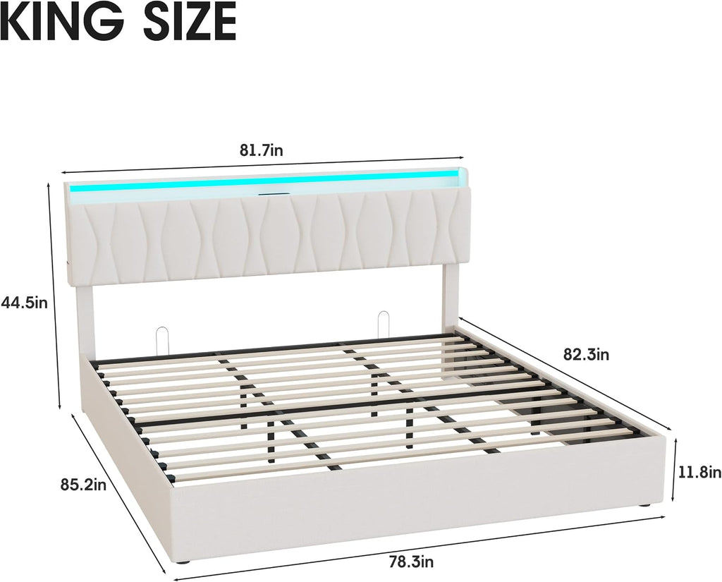Fameill King Size Lift Up Storage Bed Frame, Height Adjustable Storage Headboard with Charging Station, LED Lights Upholstered Platform Bed, Wooden Slat, No Box Spring Needed, Noise-Free, Beige