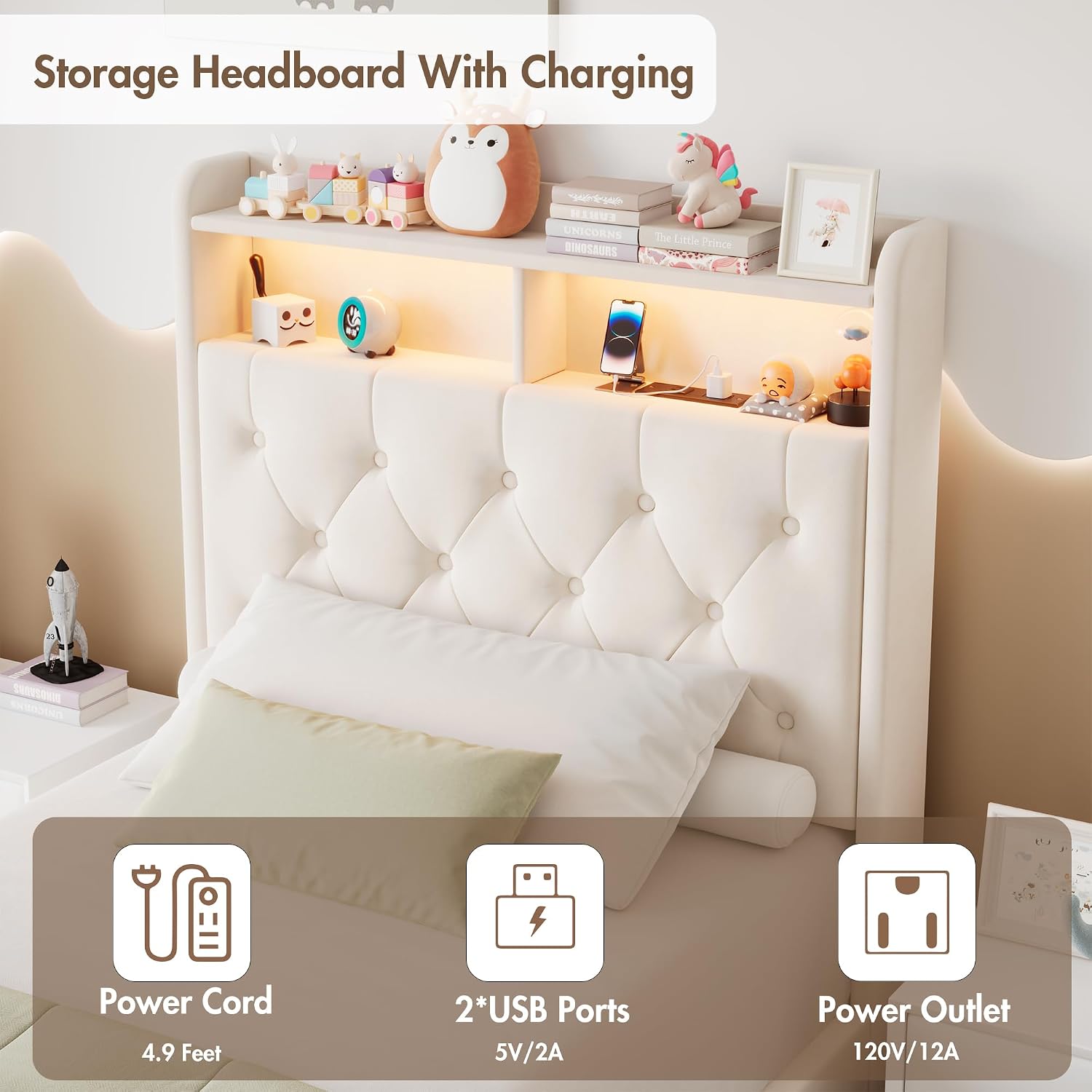 Twin LED Bed Frame with Storage Headboard & Charging Station, Velvet Fabric Platform Bed Frames with 3 Drawers, Button Tufted Upholstered, No Box Spring Needed, Noise Free, Beige