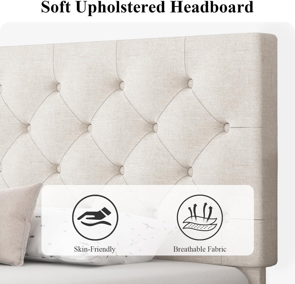 HOMBCK King Size Bed Frame, Linen Fabric Upholstered Bed Frame King Size with Headboard, Wood Slats Support, Button Tufted Design, No Box Spring Needed, White