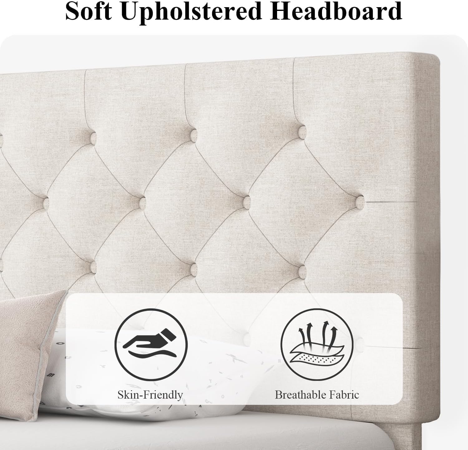 HOMBCK King Size Bed Frame, Linen Fabric Upholstered Bed Frame King Size with Headboard, Wood Slats Support, Button Tufted Design, No Box Spring Needed, White
