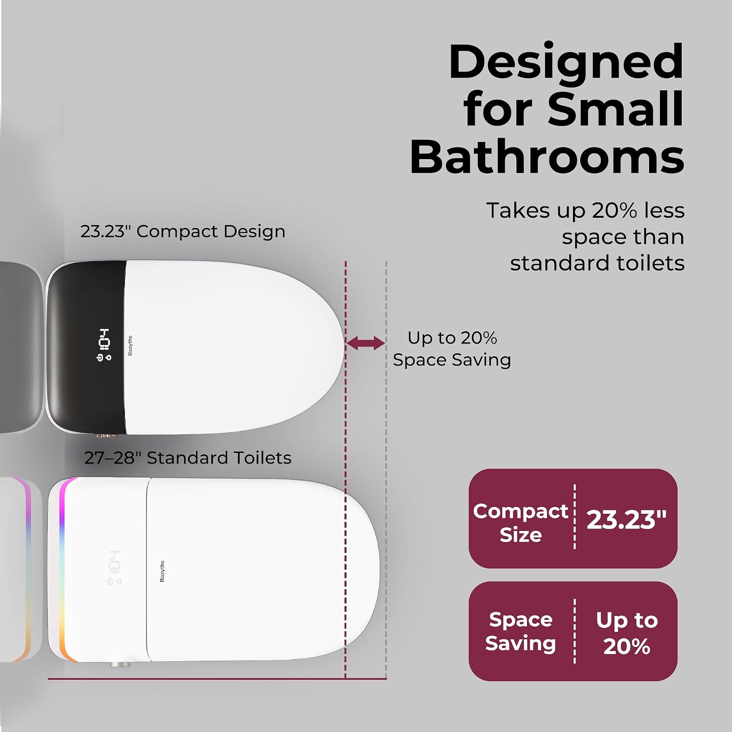 Smart Compact Toilet for Small Bathroom, 23' Depth Shallow Toilet with Foam Shield Auto Open/Close Lid, 12' Rough In, Built-in Tank, Heated Seat Foot Sensor Flush One-Piece (ZY695A Mini)