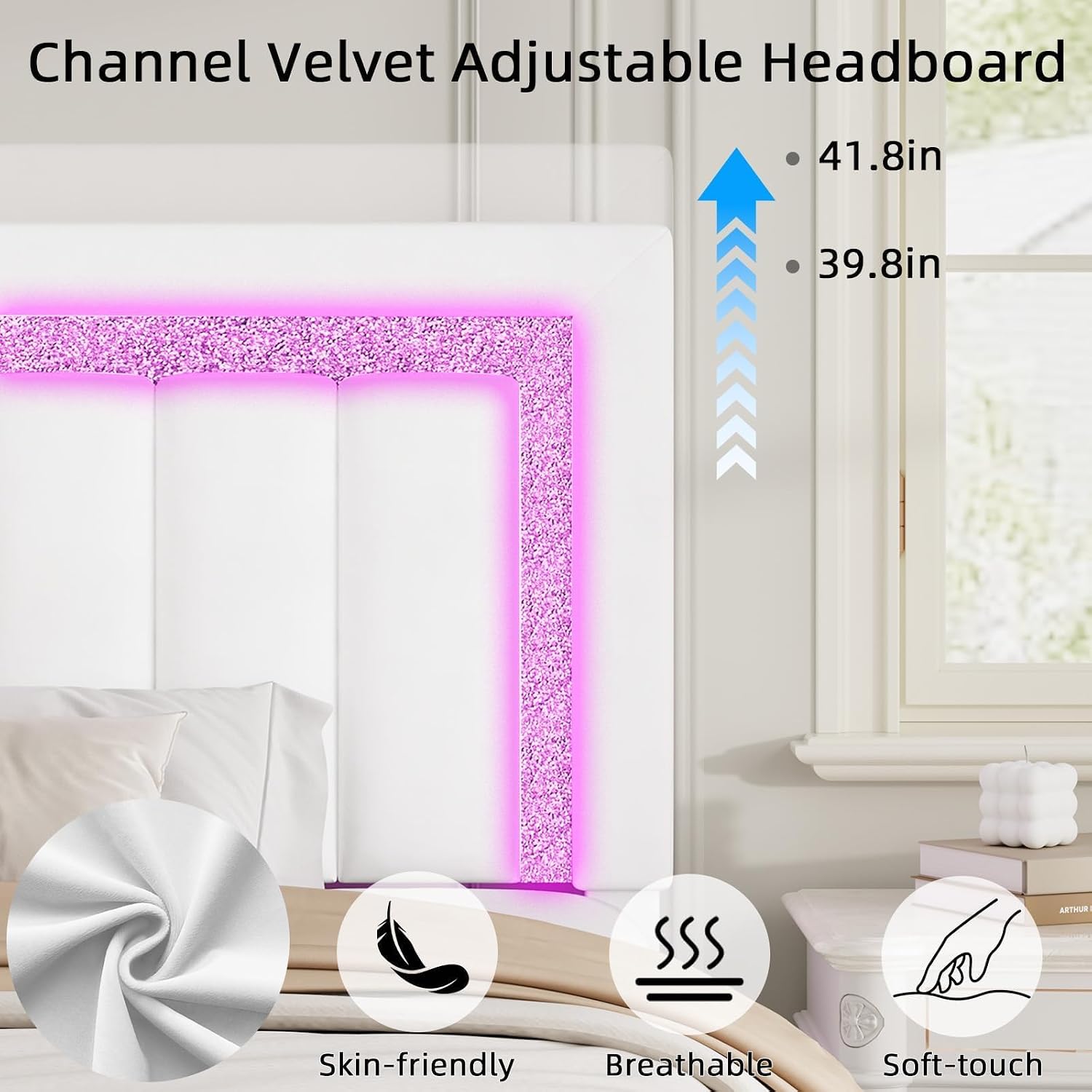 HOMBCK Full Bed Frame with LED Lights and Velvet Upholstered Adjustable Headboard, Bed Frame Full Size with Diamond Headboard & Footboard, Wood Slats Support, Noise Free, No Box Spring Needed, White