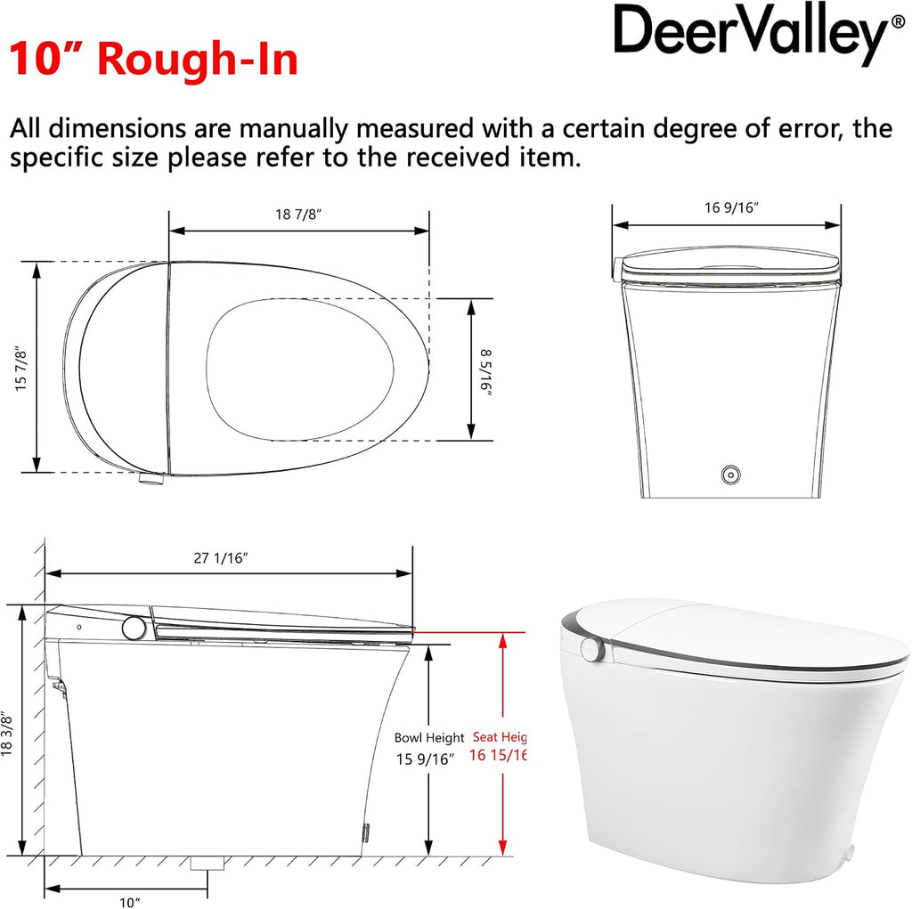 DeerValley Smart Toilet One Piece Tankless Toilets with Bidet Built in 1.28GPF Auto Flush Foot Kick Blackout Flush Warm Water and Air Dryer Heated Seat Remote Control 10' Rough-In Options - DV-1S0019R