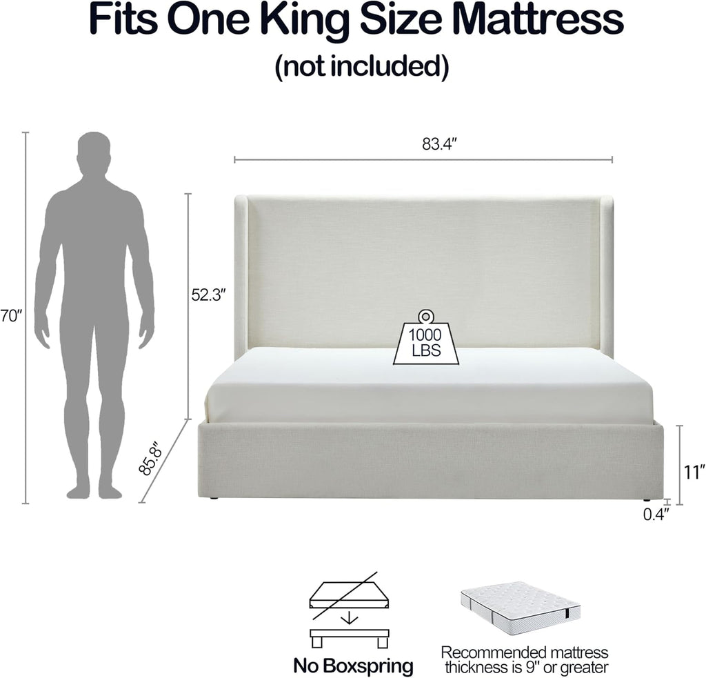 King Size Upholstered Platform Bed Frame, 52.3' High Headboard Carmen Wingback Beds, Tall Headboard King Floor Bed Frames, No Box Spring Needed No Noise, Minimalist, Textured Ivory
