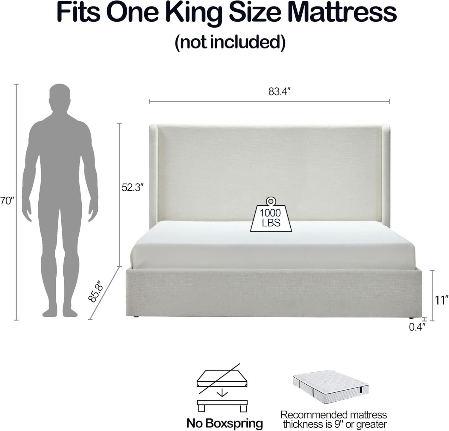 King Size Upholstered Platform Bed Frame, 52.3' High Headboard Carmen Wingback Beds, Tall Headboard King Floor Bed Frames, No Box Spring Needed No Noise, Minimalist, Textured Ivory