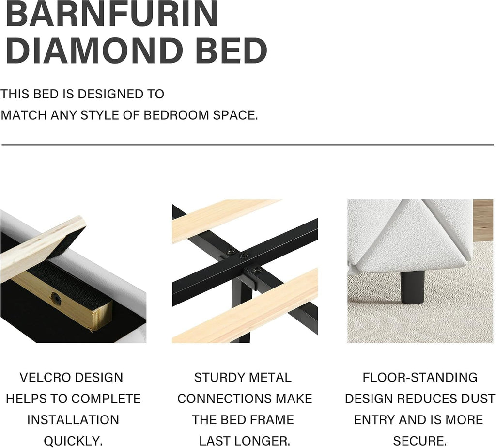 BarnFurin King Size Bed Frame and Headboard, Faux Leather Upholstered Bed with Diamond Tufted Design, Modern Platform Bed Frame with Wooden Slats Support, No Box Spring Required, Easy Assembly, White