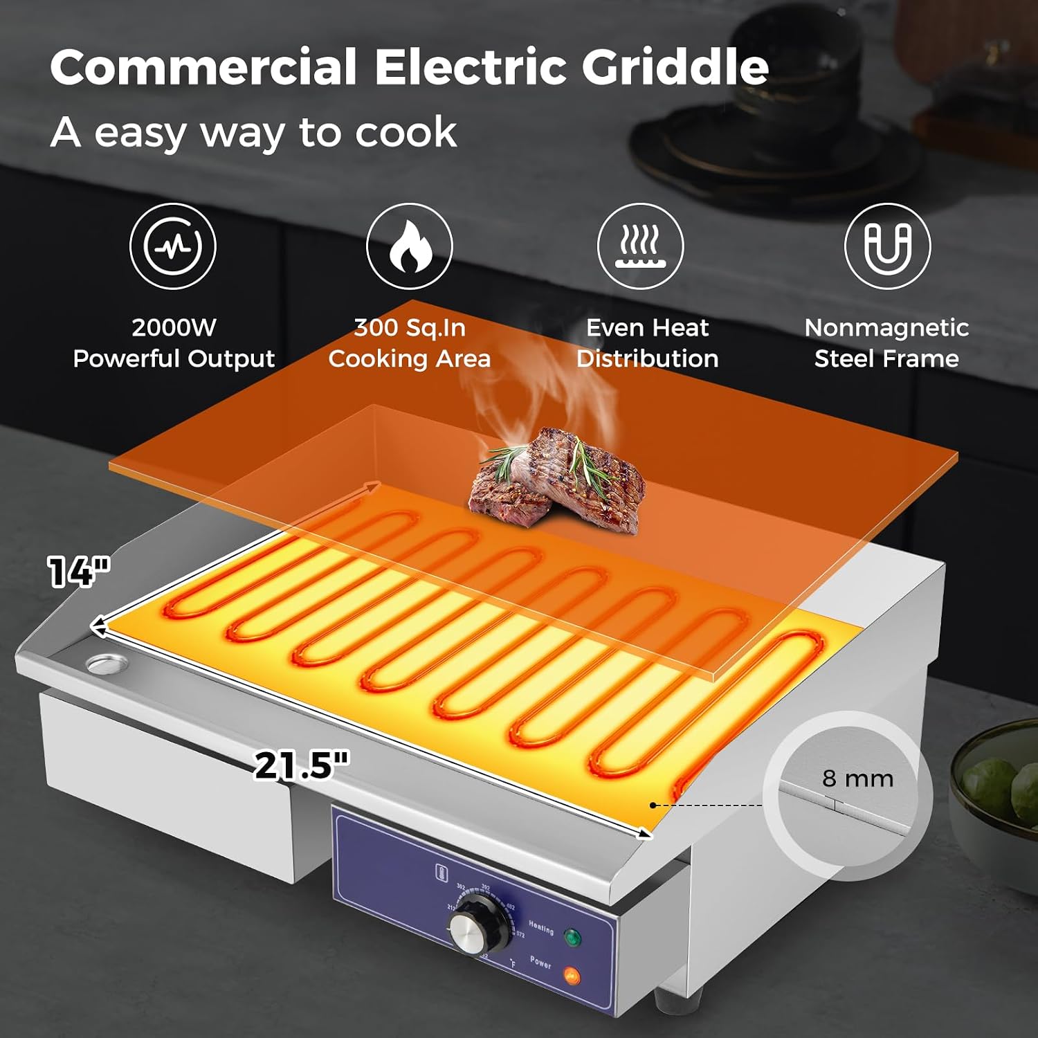 ARLIME Commercial Elecric Griddle, 22' x 14' Cooking Area, 2000W, 122℉-572℉, Stainless Steel Flat Top Grill w/Complete Accessories, Indoor Countertop Griddle for Kitchen, Restaurant, Party