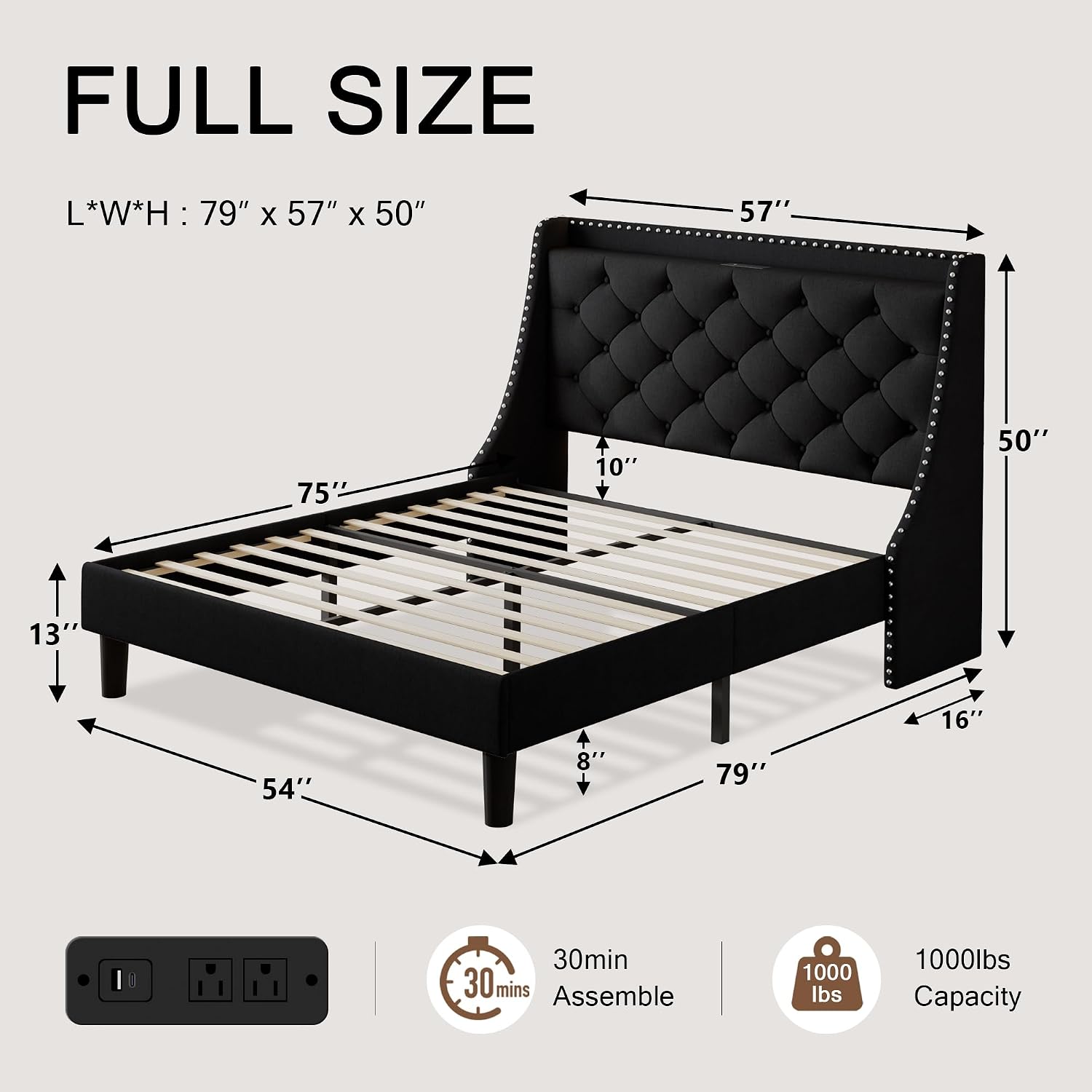 Einhomn Full Size Bed Frame with Wingback Button Tufted Storage Headboard and Type AC Ports, Upholstered Platform Bed, Wooden Slats Support, No Box Spring Needed, Noise-Free, Black