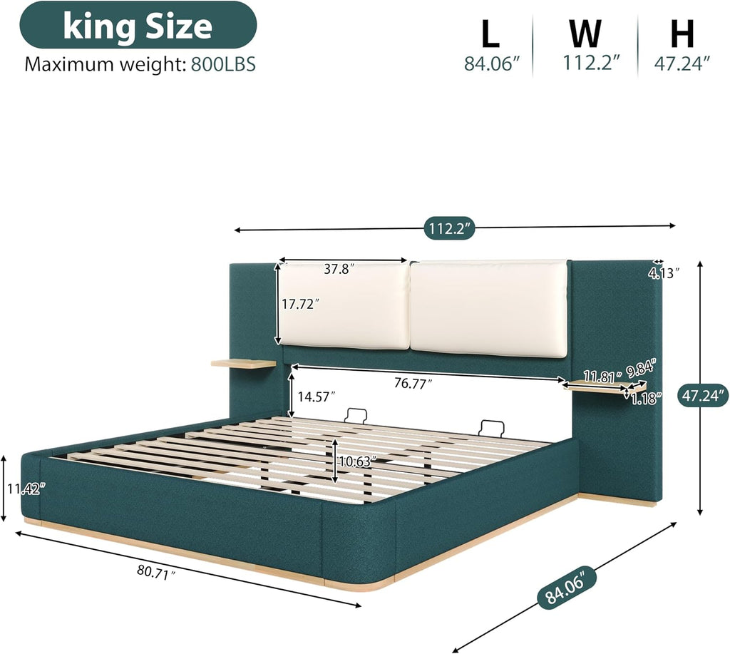 Merax King Size Upholstered Platform Bed Frame with Large PU Leather Headboard and Bothside Shelves, Modern Bedroom Furniture & Solid Wood Slats Support, No Box Spring Needed, Easy Assembly, Green