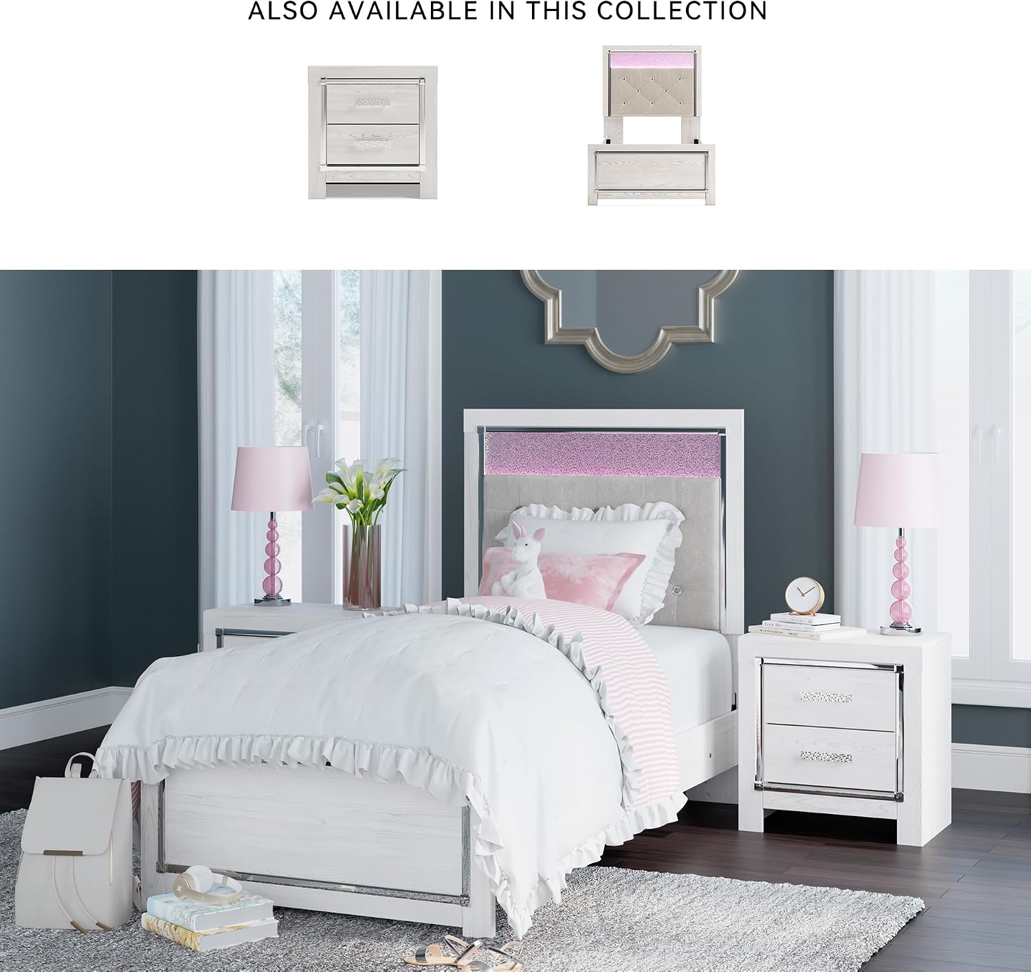 Signature Design by Ashley Altyra Contemporary Adjustable Tufted Twin Upholstered Panel Bed with LED Lights and Metal Slats, Foundation or Box Spring Needed, White & Gray