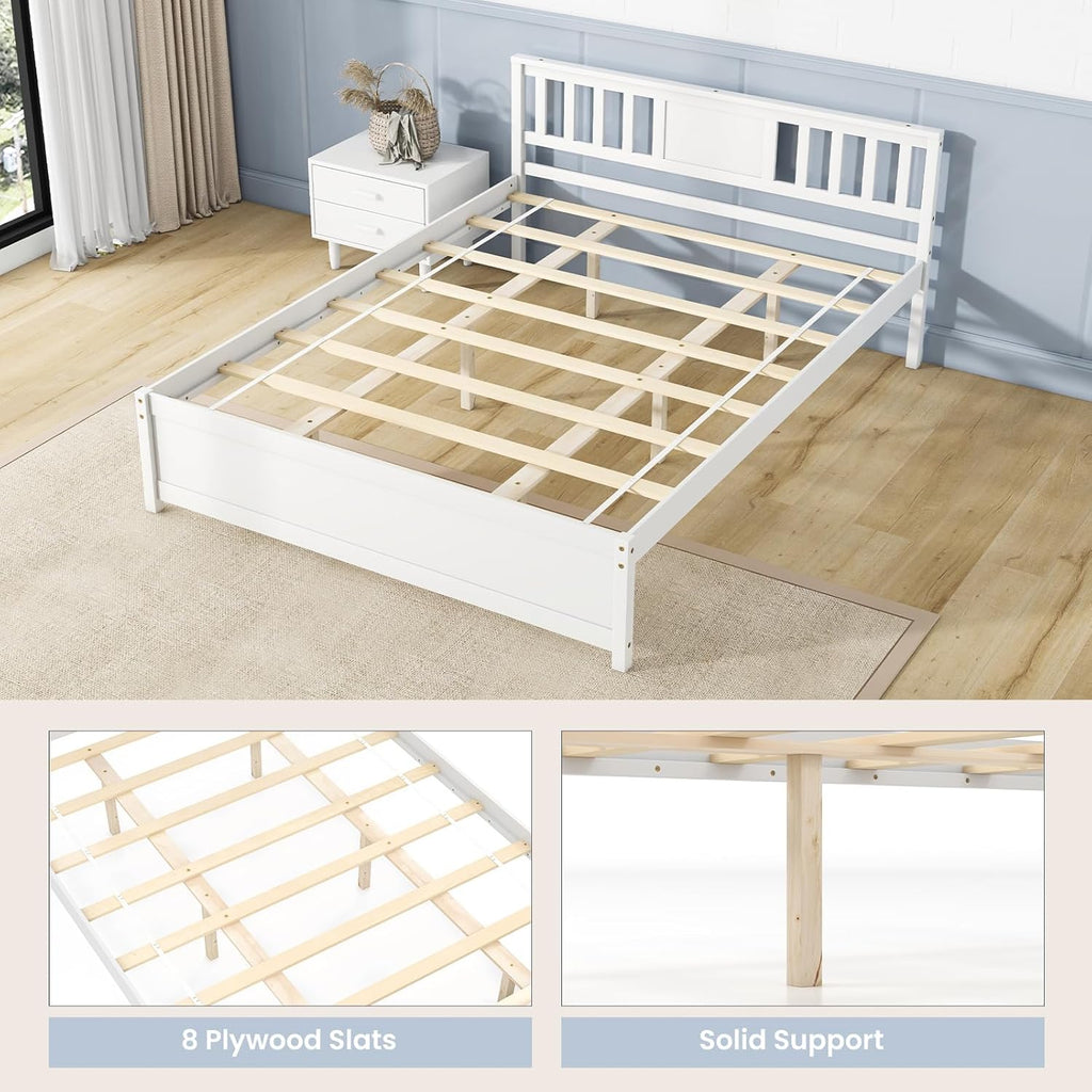 Giantex Queen Size Solid Wood Platform Bed Frame, Mid Century Queen Bed Frame with Headboard, Wooden Slat Support, Queen Panel Bed, No Box Spring Needed, Easy Assembly, White