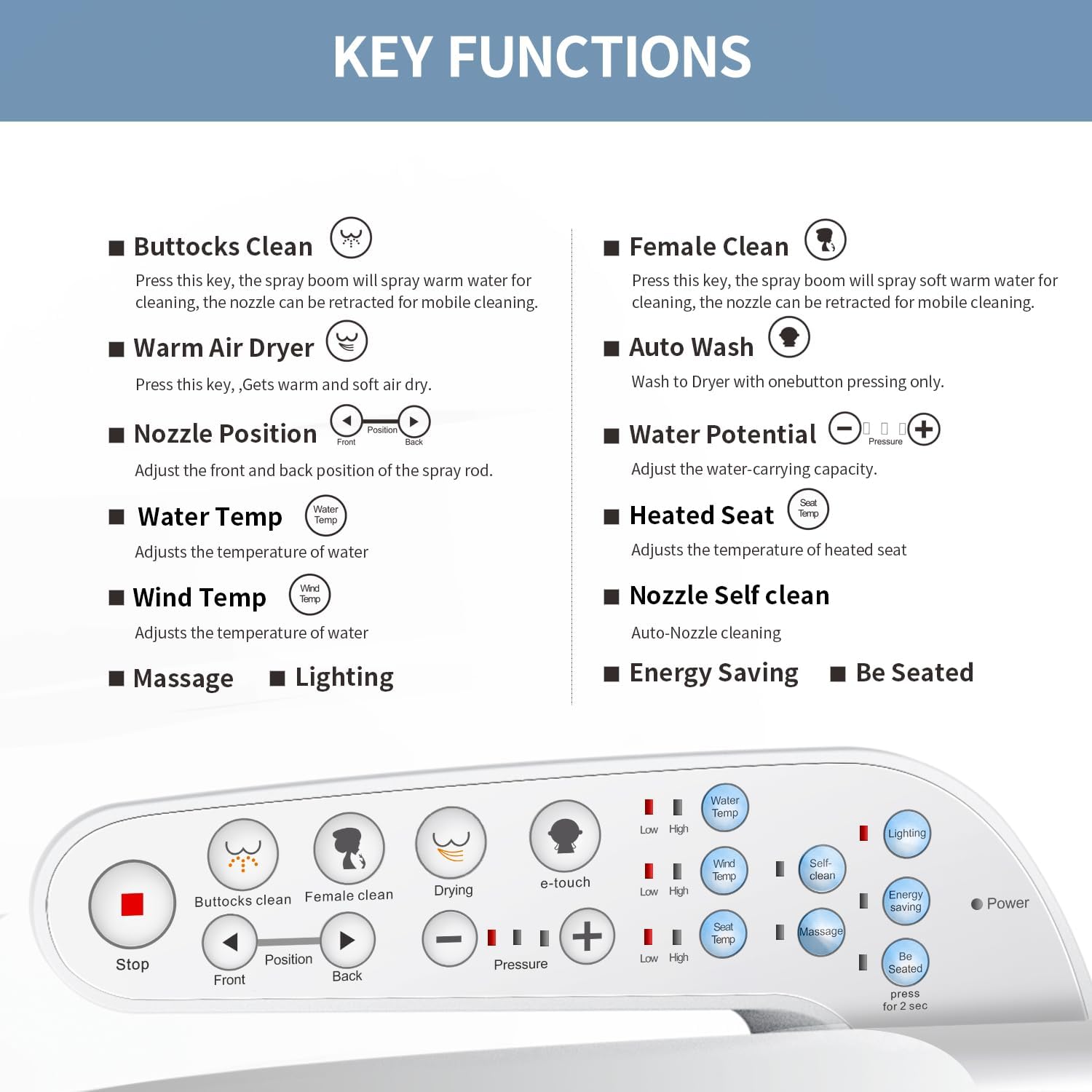 KERDE Electric Bidet Toilet Seat,Bidets For Existing Toilets,Rlongated,One-click Intelligent Operation, Warm Water Cleaning,Slow Close,Seat Cushion Keep Constant Temperature In Winter (Armrest)