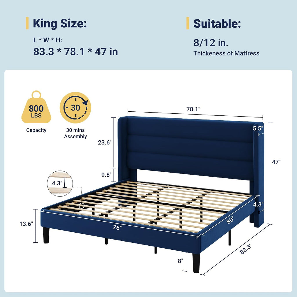 Allewie King Size Platform Bed Frame with Velvet Upholstered Wingback Headboard, No Box Spring Needed, Under Bed Storage Space, Wooden Slats, Modern Mattress Foundation, Easy Assembly, Blue
