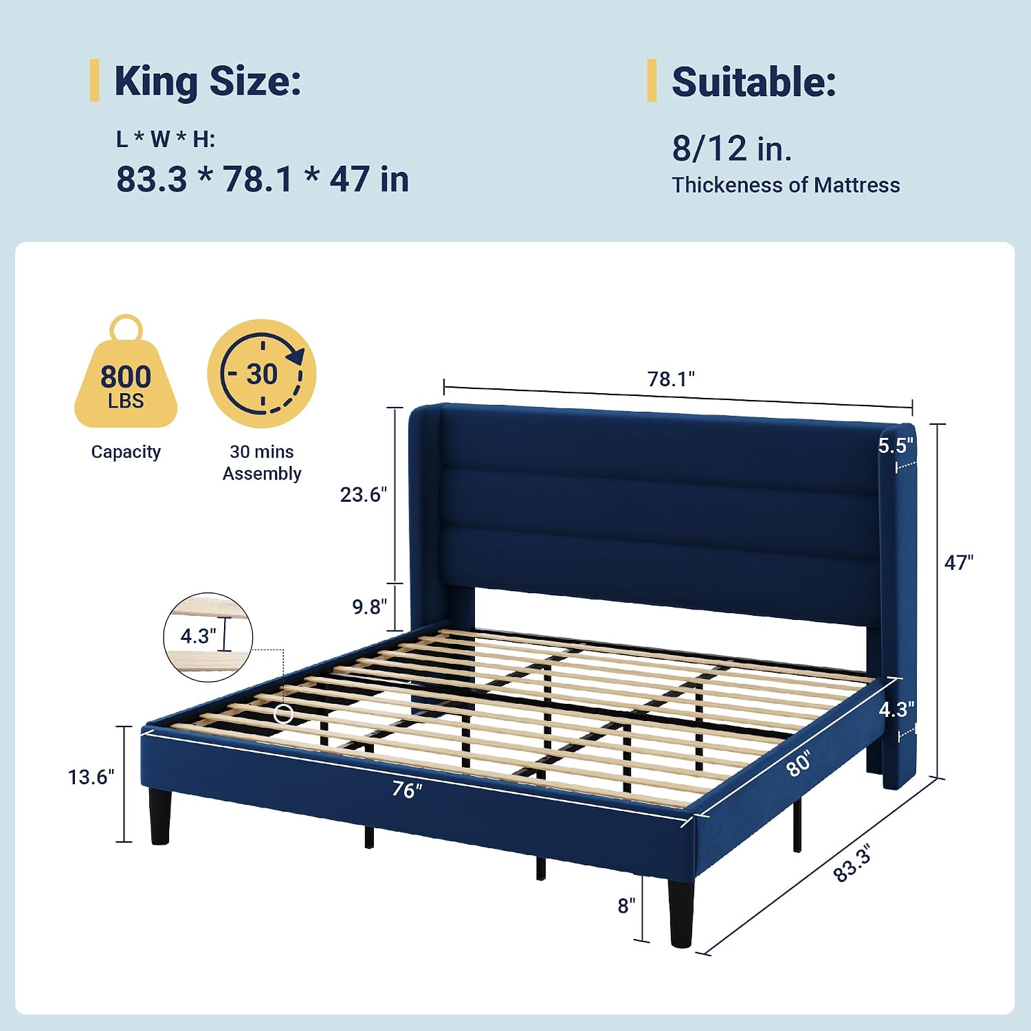 Allewie King Size Platform Bed Frame with Velvet Upholstered Wingback Headboard, No Box Spring Needed, Under Bed Storage Space, Wooden Slats, Modern Mattress Foundation, Easy Assembly, Blue