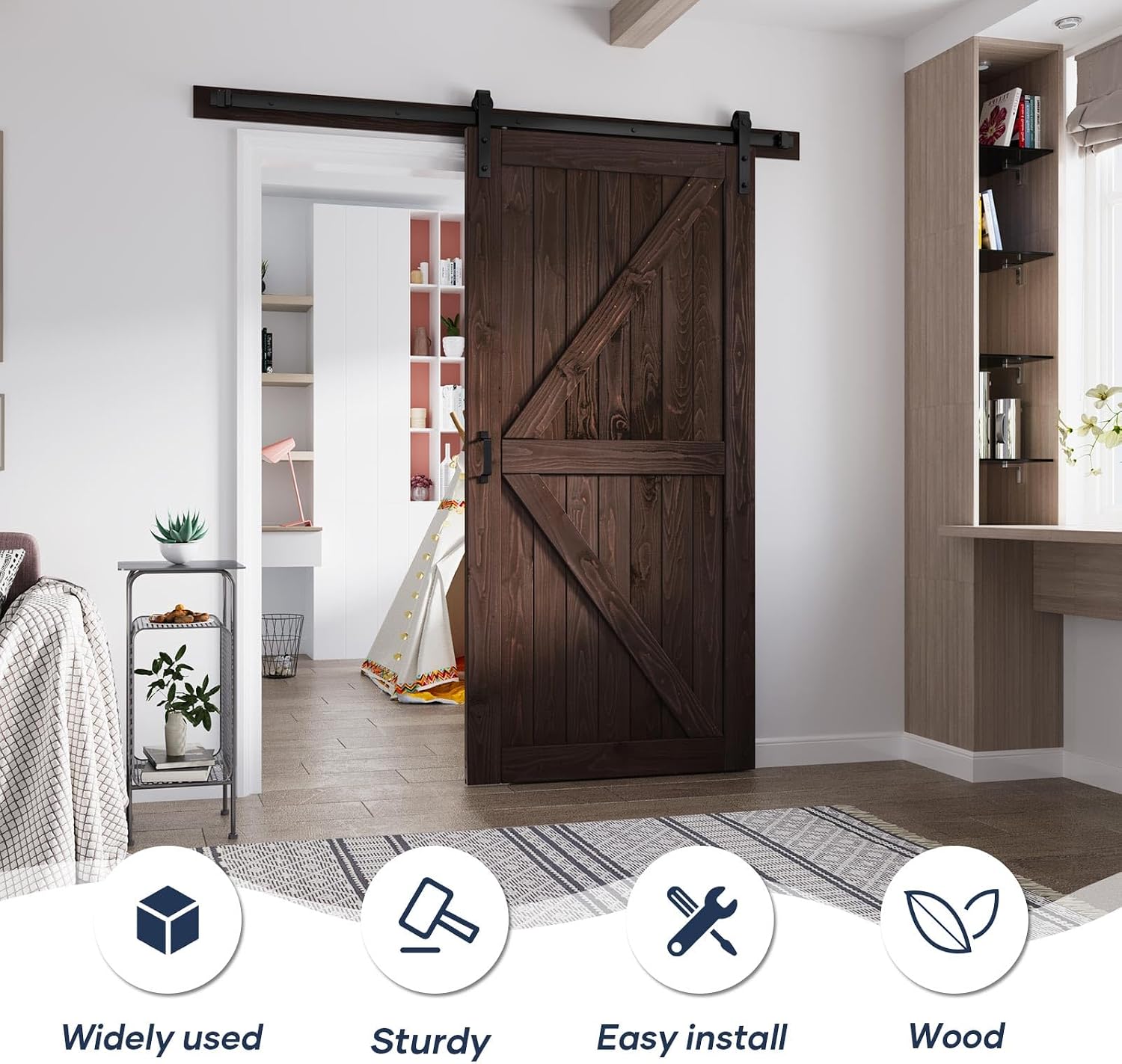 FREDBECK 42in x 84in Brown Barn Door with 7ft (84inch) Barn Door Hardware Track Kit and Handle Included, Double Surfaces,Simple Assembly is Required,K-Frame,Coffee