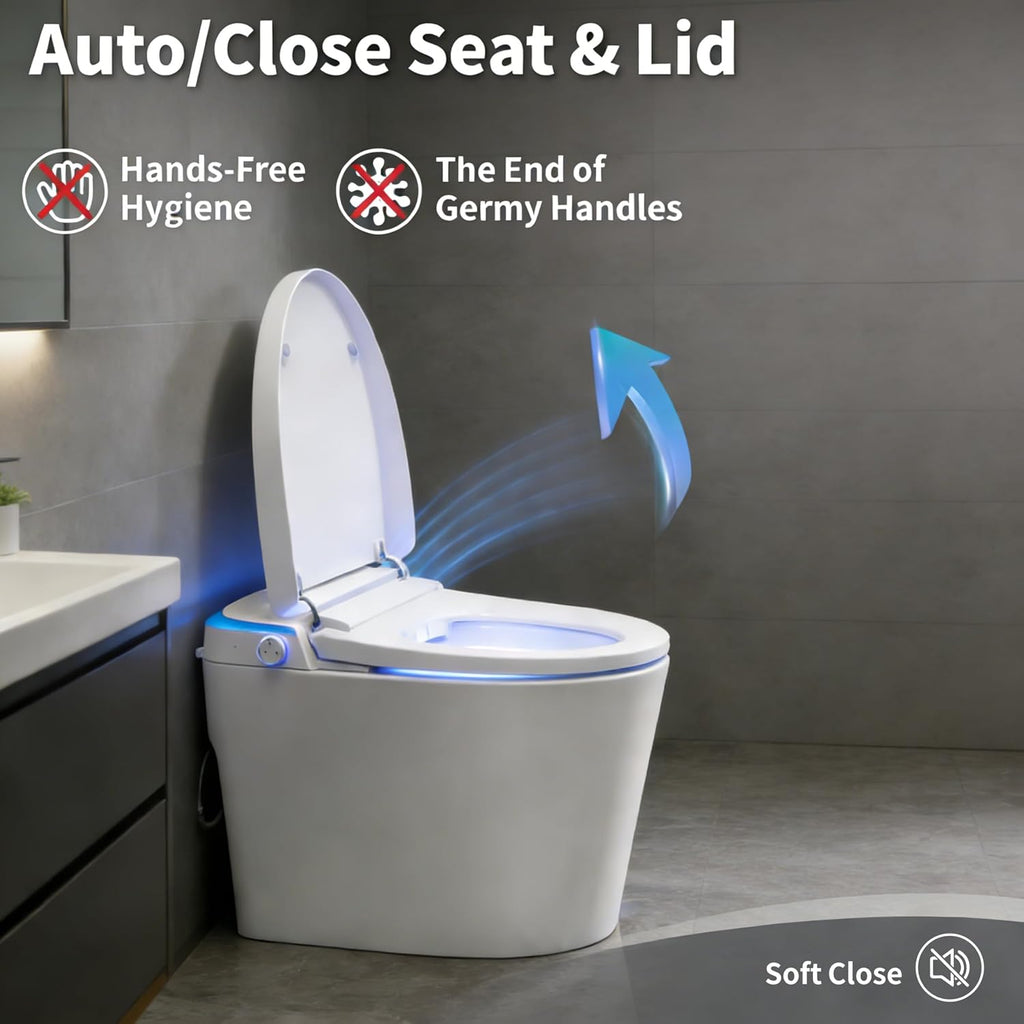 VIPBEAR Tankless One-Piece Smart Toilet with Heated Seat & Auto Lid | 1000g MaP, High Efficiency Dual Flush | Foam Shield, Foot Sensor, Night Light, Blackout Flush