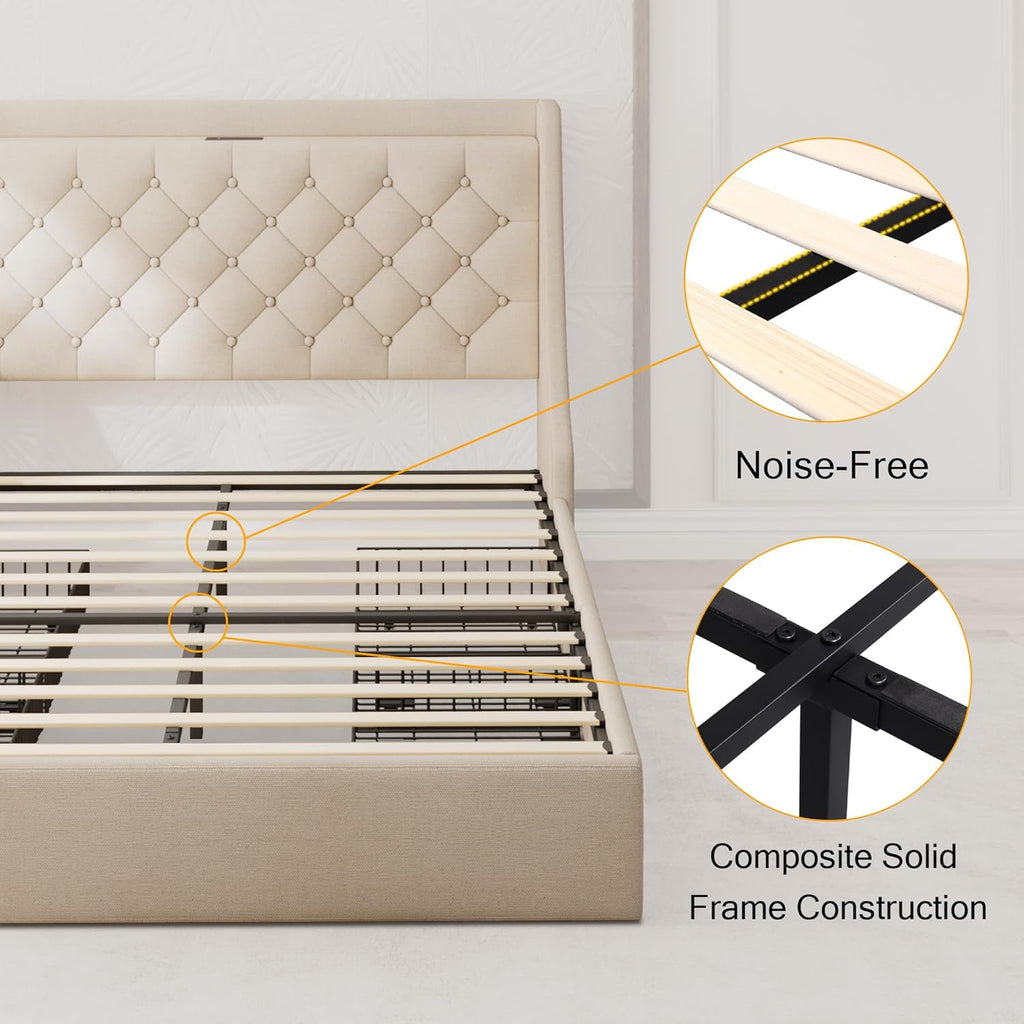 Einhomn Upholstered Full Size Bed Frame with 4 Storage Drawers, Platform Bed with Wingback Headboard, Charging Station, No Box Spring Needed, Beige