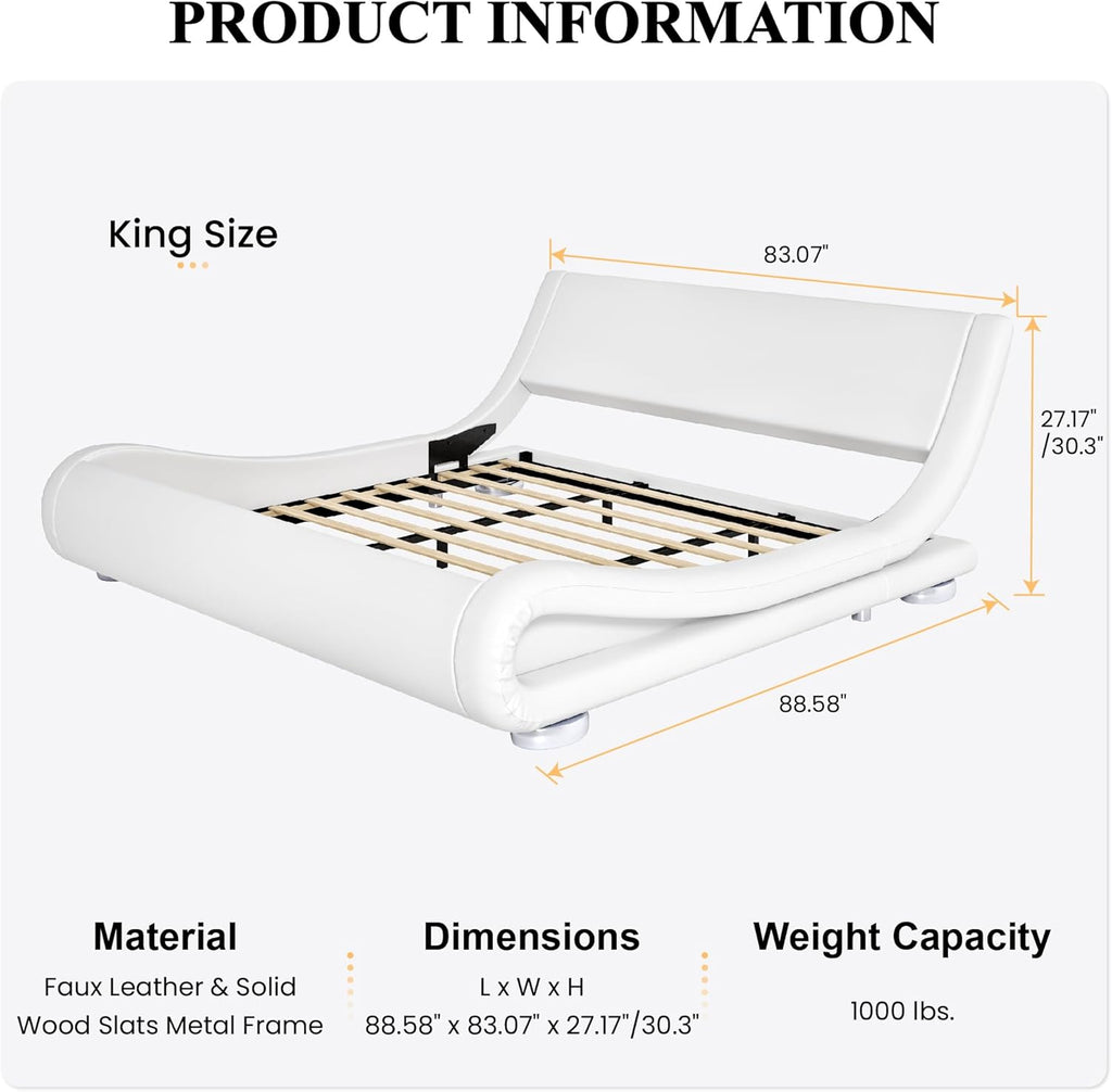 SHA CERLIN King Size Upholstered Bed Frame, Deluxe Low Profile Sleigh Bed with Faux Leather Ergonomics Headboard, No Box Spring Needed & Easy Assembly, White