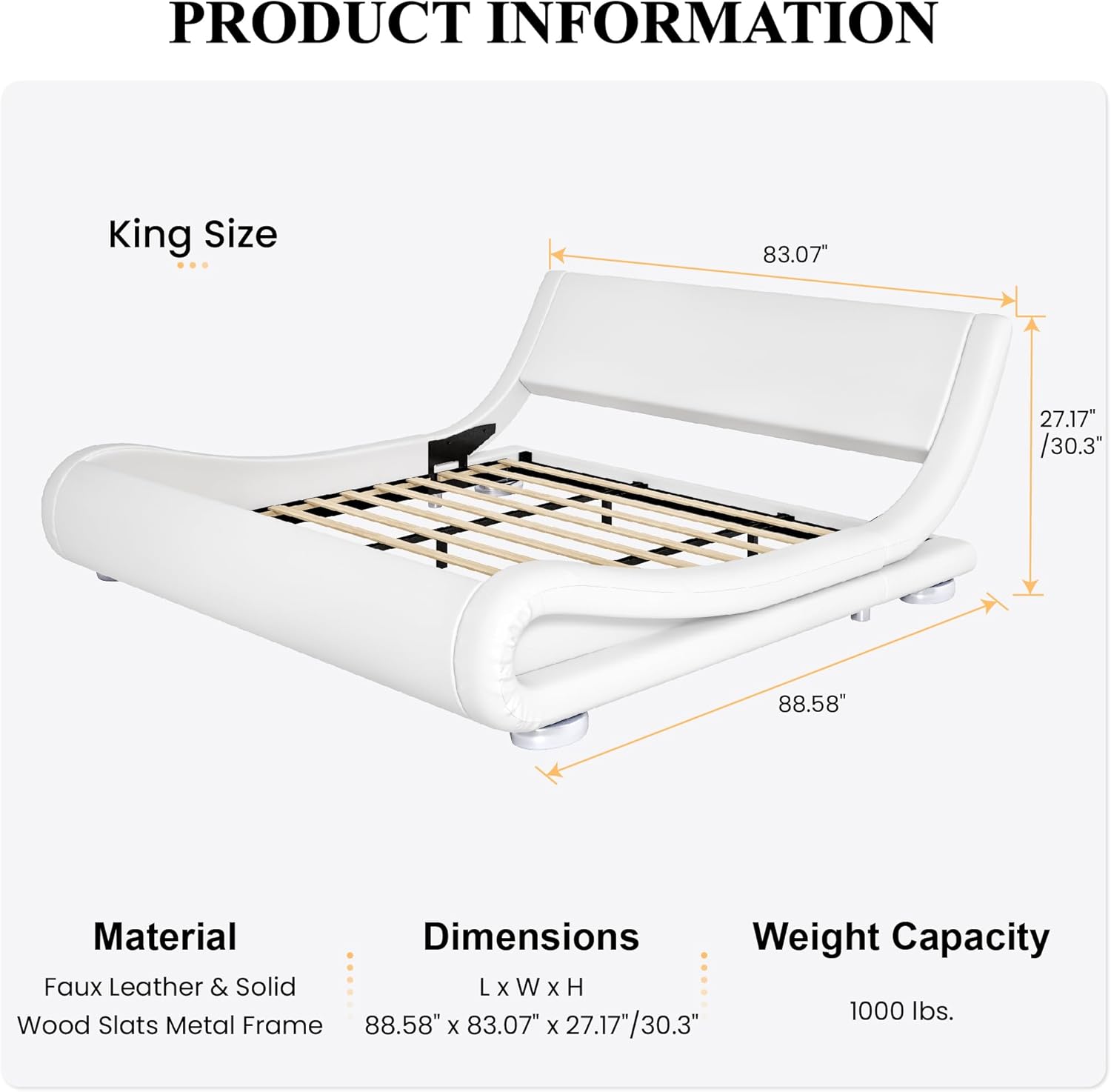 SHA CERLIN King Size Upholstered Bed Frame, Deluxe Low Profile Sleigh Bed with Faux Leather Ergonomics Headboard, No Box Spring Needed & Easy Assembly, White