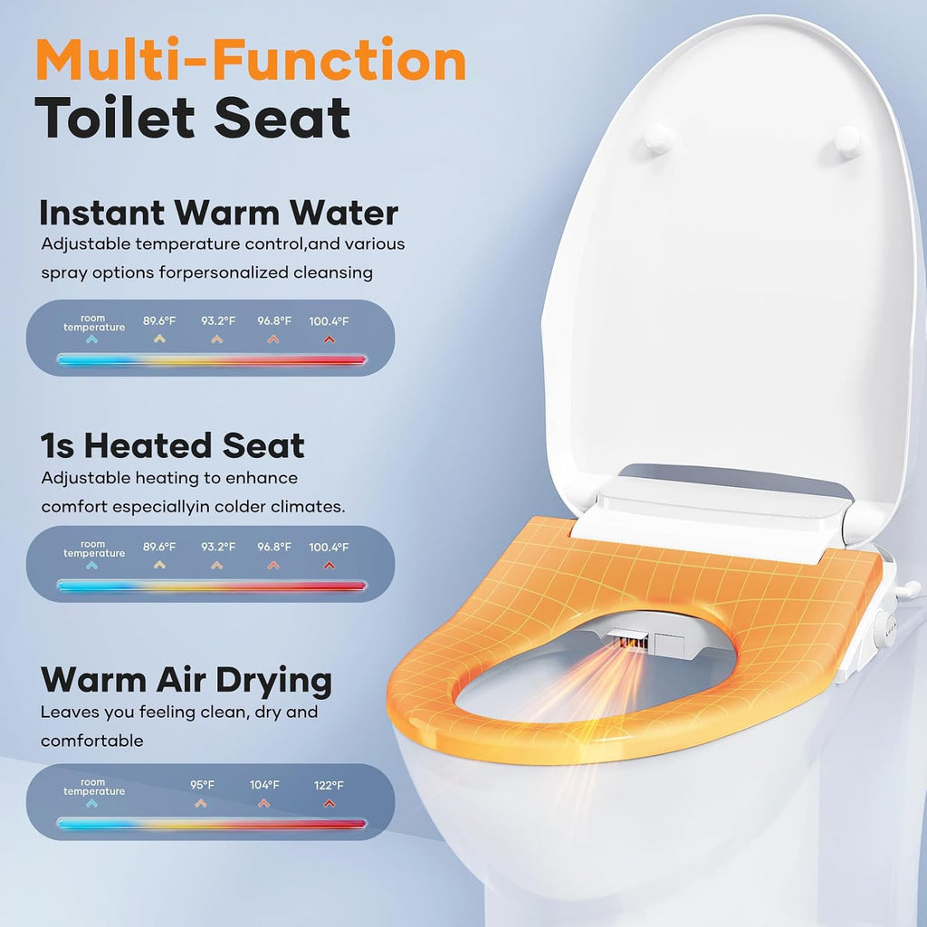 Toilet Bidet Seat, Elongated Toilet Seat Slow Close, Electric Heated Toilet Seat With Instant Warm Water & Dryer, Feminine & Front Rear Wash & Self-Clean Nozzle, Night Light, Air Deodorizer