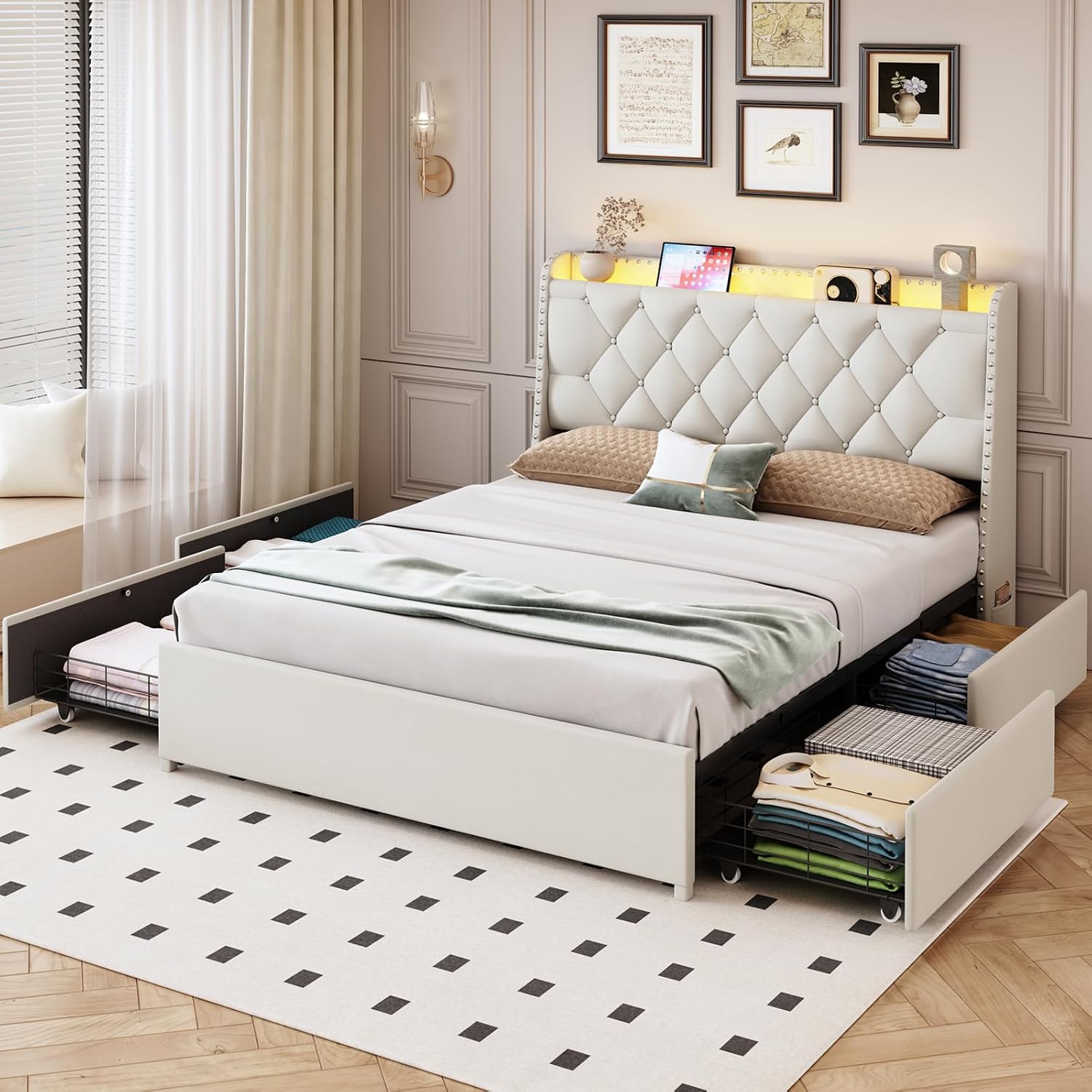 TIGUBFRE Full Size Bed Frame with 4 Drawers and Storage Headboard, Upholstered Tufted Wingback Bed Frame with LED Lights and Charging Station, No Box Spring Needed, Easy Assembly, Noise Free, Beige