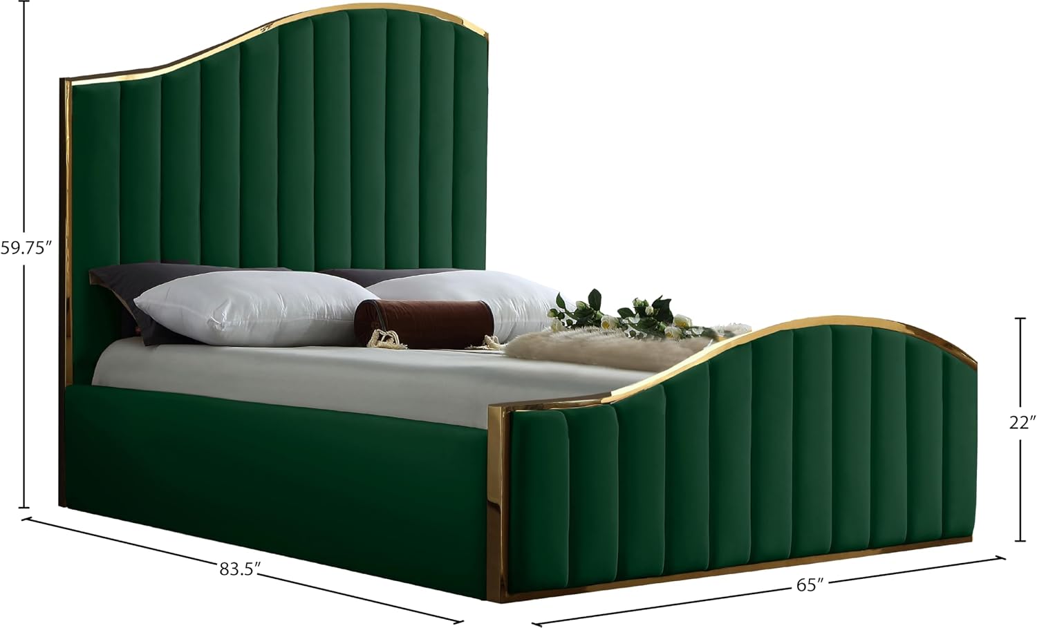 Meridian Furniture Jolie Collection Modern | Contemporary Velvet Upholstered Bed With Channel Tufting, And Polished Gold Metal Frame, Green, Queen