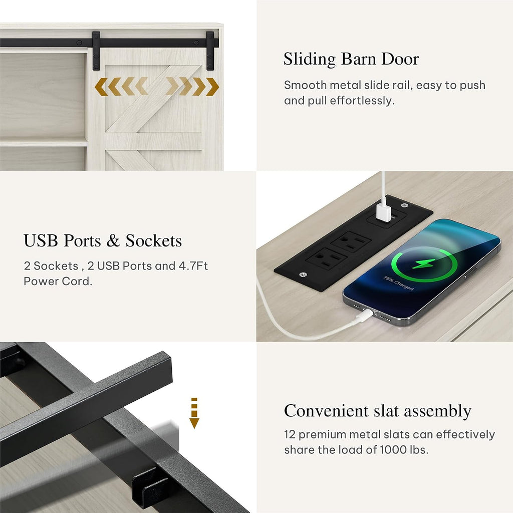 DWVO Farmhouse King Size Bed with 50' Tall Storage Bookcase Headboard, Sliding Barn Door, 4 Storage Drawers, RGB LED Bed Frame w/Type-C&USB Charging Station, No Box Spring Needed, Antique White