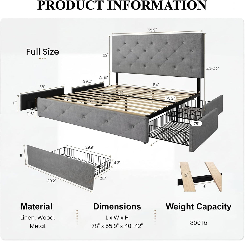 SHA CERLIN Upholstered Full Size Platform Bed Frame with 4 Storage Drawers, Adjustable Headboard with Diamond Stitched Button Tufted Design, Wooden Slat Support, No Box Spring Needed, Light Grey