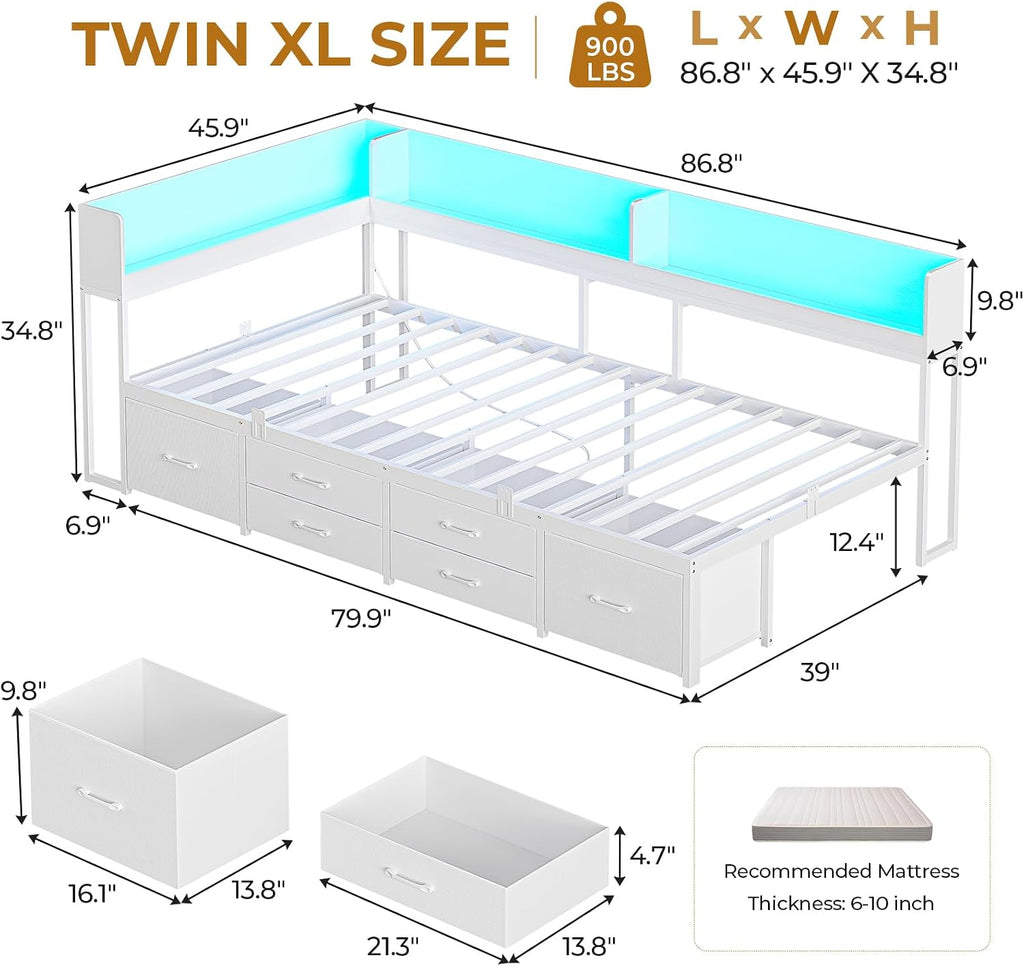 MSmask 14 Inch Corner Bed Frame with Bookcase Storage, Twin XL Daybed with 6 Drawers, Charging Station and LED Light, Twin XL Size Metal Platform Bed Frame for Kids Teenagers, White