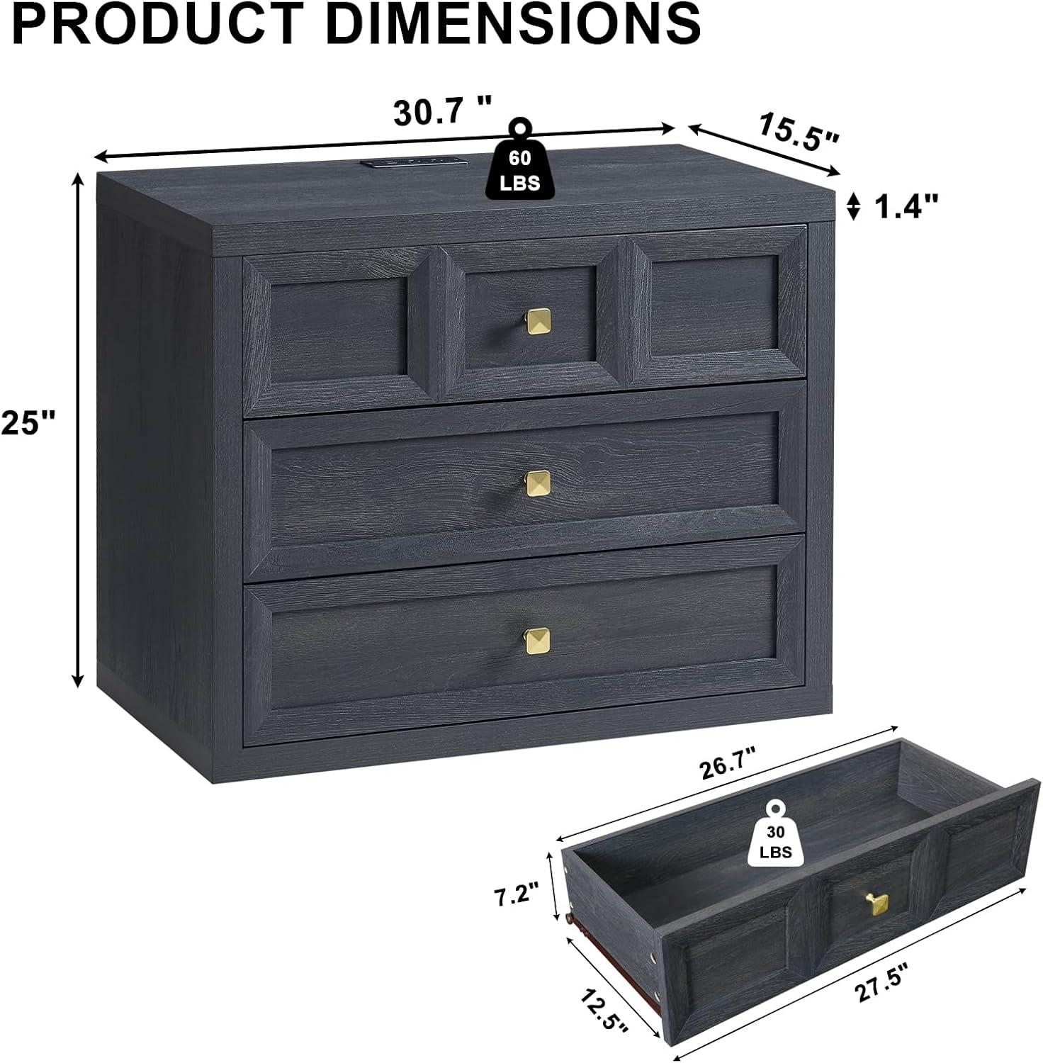 3 Drawers Nightstand Set of 2 W/Charging Station, 30.7' W King Size Bedside Table with 3 Drawers, Accent End Table W/Large Storage, Modern Wood Side Table for Bedroom,Office (2 Pieces, Gray Black)