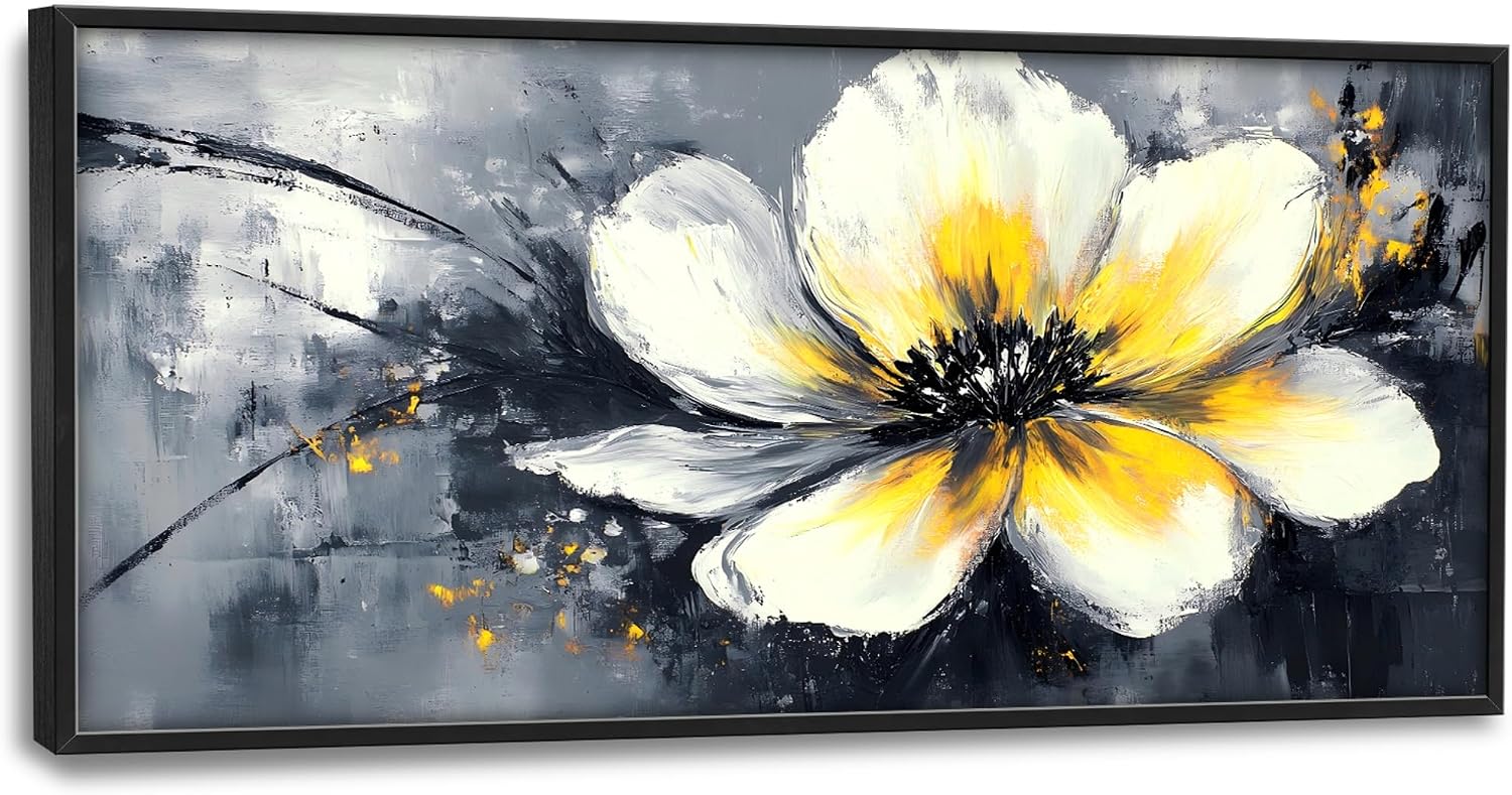Abstract Flower Large Wall Art Framed Wall Decor for Living Room Black and White Floral Pictures Oversized Canvas Print Painting Modern Extra Large Artwork for Bedroom Office Home Decor 60'x30'