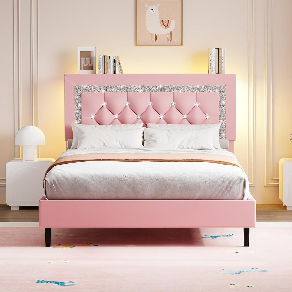 Twin Bed Frame with Storage Headboard, Upholstered Platform Bed Frame with Diamond Tufted Headboard and LED Lights, Wooden Slats Support, Noise Free, No Box Spring Needed, Easy Assembly, Pink