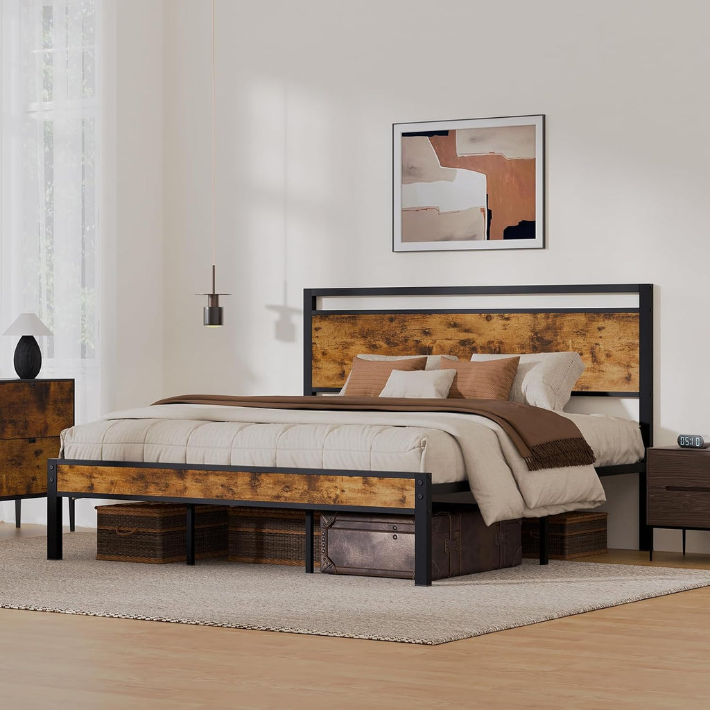 King Metal Bed Frame with Wooden Headboard and Footboard, Heavy Duty Platform Frame with Metal Slats, No Box Spring Needed, Quiet and Non-Slip Design, Space Saving Bed Frame for Bedroom, Vintage Brown