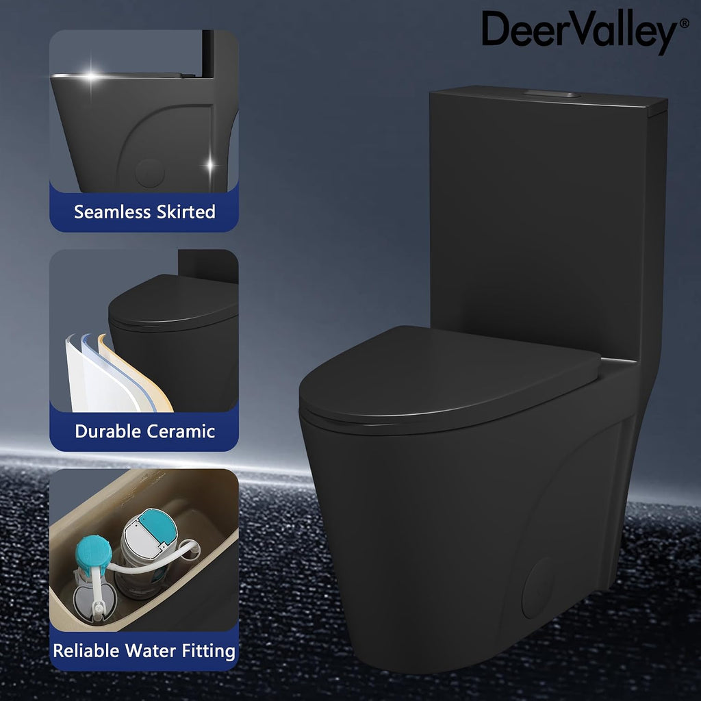 DeerValley Elongated One Piece Toilet with Comfort Height, Dual Flush Toilet with Soft Close Seat, High Efficiency 1.1/1.6 GPF 12'' Rough-In Matte Black Toilet