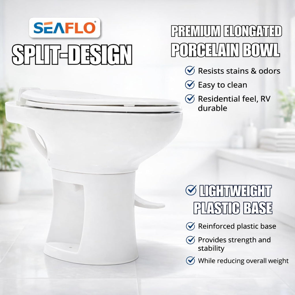 SEAFLO Porcelain RV Toilet with Elongated Bowl, 19' Residential Height, Gravity Flush, Foot Pedal Flush, Soft Close Seat, Easy Install, Camper Toilet, 4-Year Warranty, SFRTCH-02-01