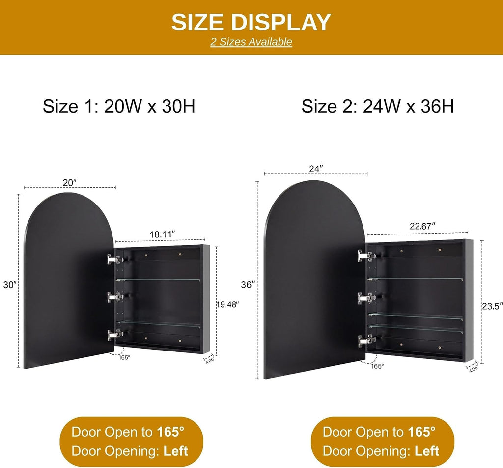 TEHOME 20 x 30'' Polished Nickel Arched Bathroom Medicine Cabinet with Mirror Recessed and Surface Mount Medicine Cabinet Mirror