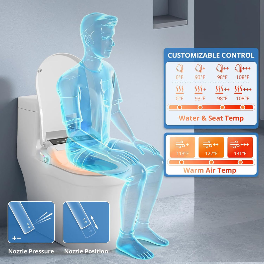 Bidet Toilet Seat Elongated, Smart Heated Bidet Toilet Seats with AUTO - Water & Dryer Slow Close Lid, Nozzle for 4 Cleaning Modes, Remote Control - Adjustable Water Pressure & Temp, LED Lighting