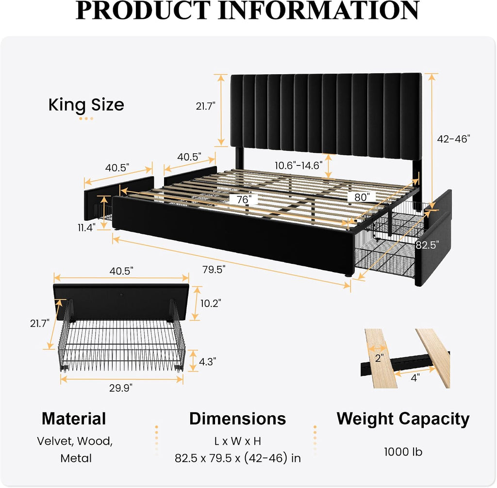 SHA CERLIN King Size Platform Bed Frame with 4 Storage Drawers, Vertical Channel Tufted Adjustable Headboard, Velvet Upholstered, Wooden Slats Support, No Box Spring Needed, Easy Assembly, Black