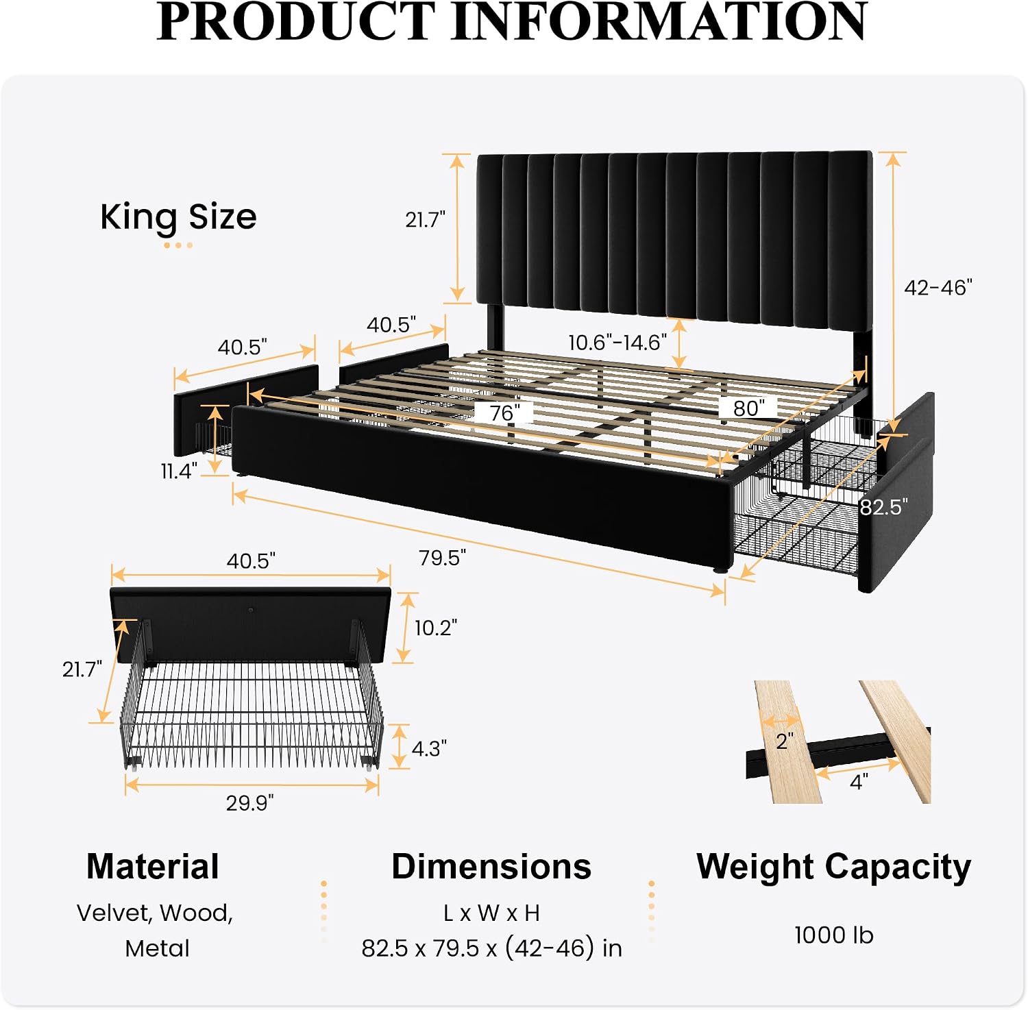 SHA CERLIN King Size Platform Bed Frame with 4 Storage Drawers, Vertical Channel Tufted Adjustable Headboard, Velvet Upholstered, Wooden Slats Support, No Box Spring Needed, Easy Assembly, Black