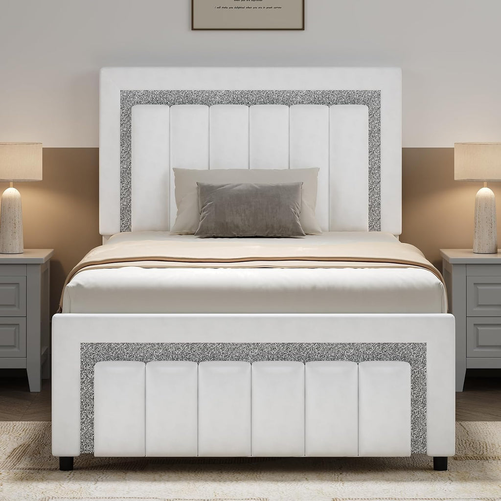 HOMBCK Twin Bed Frame with LED Lights and Velvet Upholstered Adjustable Headboard, Twin Size Bed Frames with Diamond Headboard & Footboard, Wood Slats Support, Noise Free, No Box Spring Needed, White