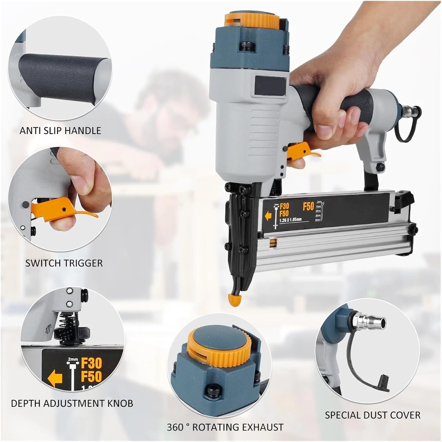 Pneumatic nail gun, Air Nailer Pneumatic Nail Tool T50 F50 440K Air Brads Nailer Nail Depth Adjustment Ergonomic And Lightweight for Floor, Truss, and Roof
