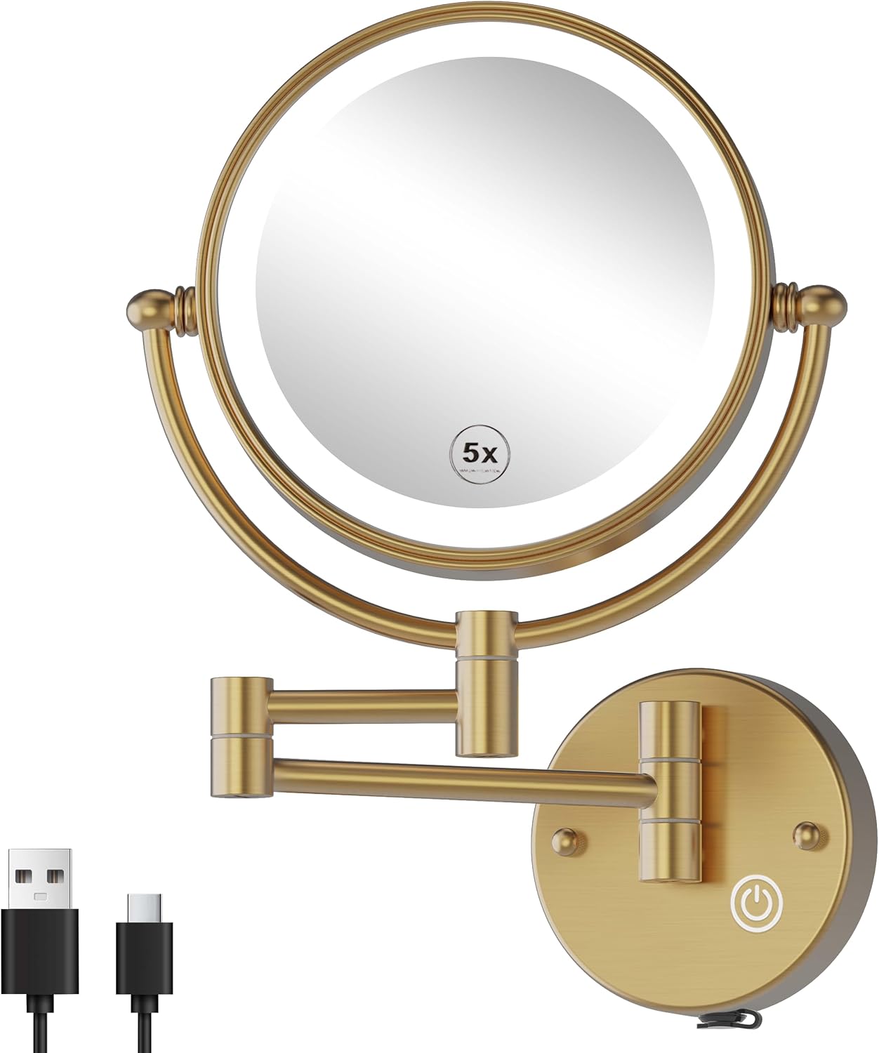 8' Rechargeable Brass 1X/5X Makeup Magnifying Mirror Wall Mount with Light, Upgraded 3-Colors Bright LED Touch Dimmable Extended Arm 360 Rotation for Bathroom, Brushed Modern Brass
