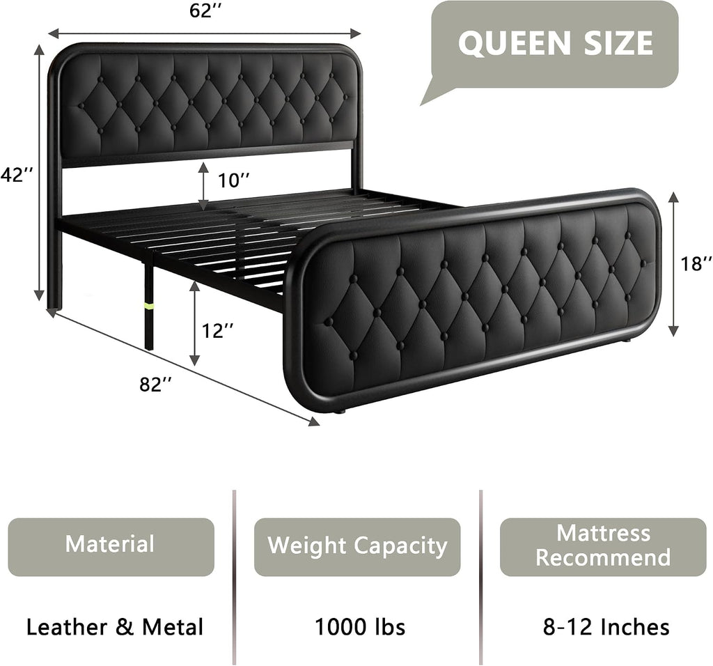 Feonase Queen Size Bed Frame, Heavy Duty Bed Frame with Faux Leather Headboard, Upholstered Platform Bed with Strong Metal Slats, 12' Under-Bed Storage, Noise-Free, Easy Assembly, Black