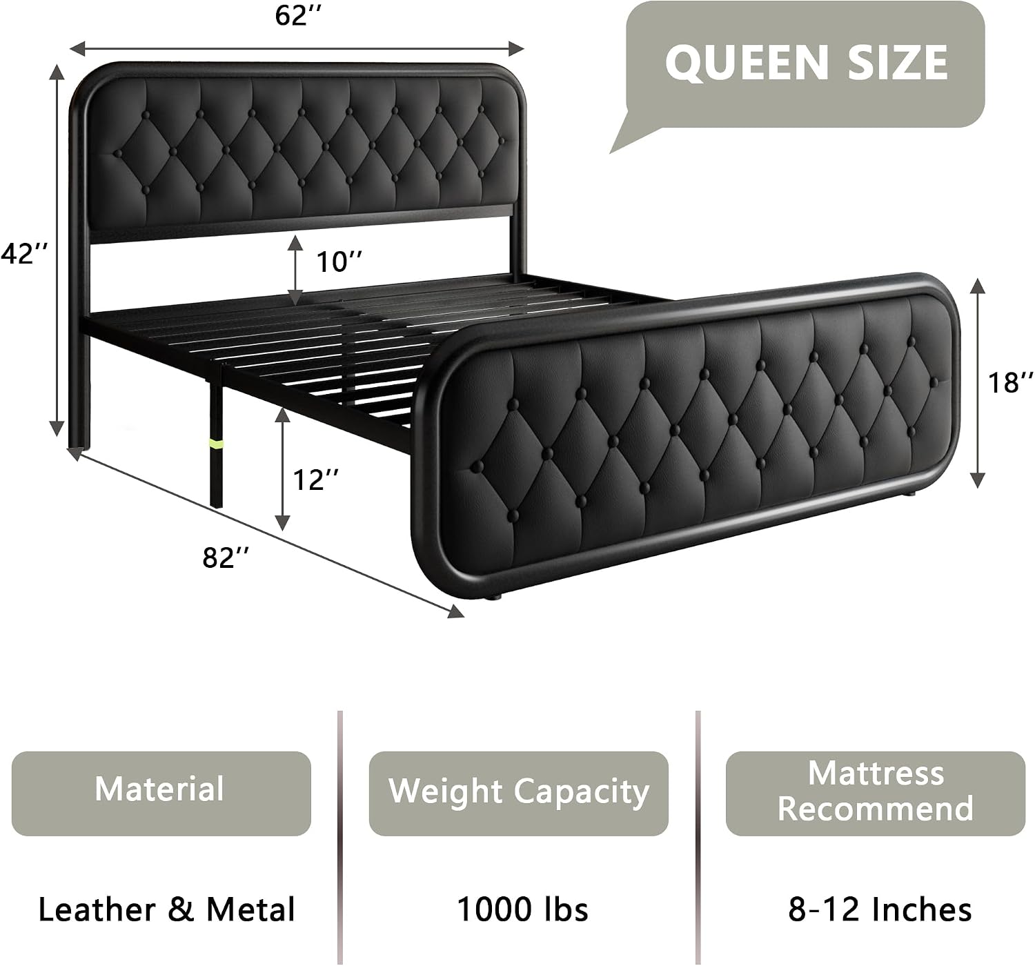 Feonase Queen Size Bed Frame, Heavy Duty Bed Frame with Faux Leather Headboard, Upholstered Platform Bed with Strong Metal Slats, 12' Under-Bed Storage, Noise-Free, Easy Assembly, Black