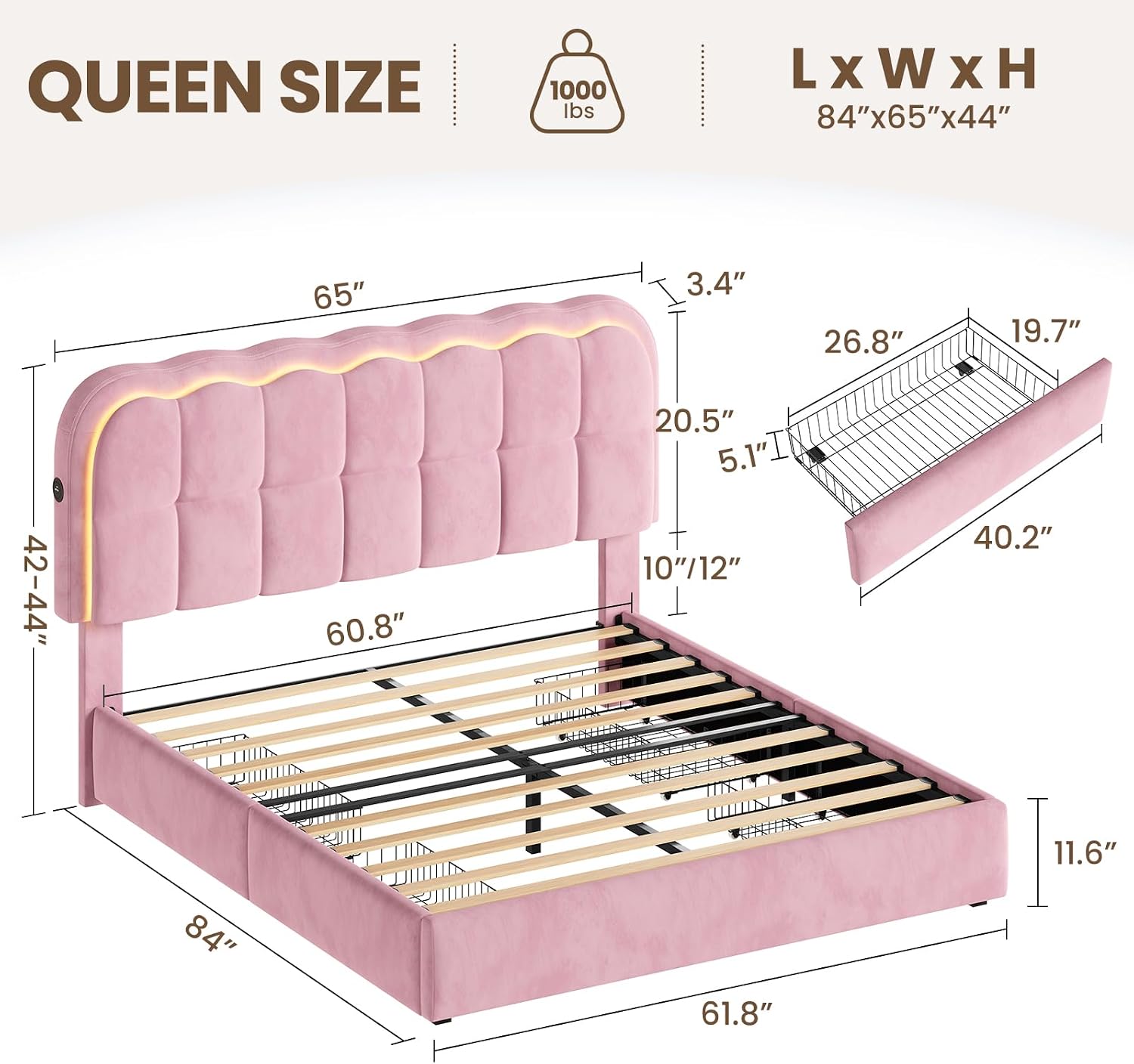 CypBed Queen Size Bed Frame with 4 Storage Drawers & LED Lights, Velvet Upholstered Platform Bed Frame with Charing Station and Adjustable Headboard, Wood Slats Support, No Box Spring Needed, Pink