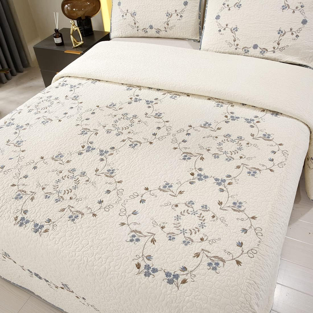 vctops 3-Piece 100% Cotton Bedspread Coverlet Set King Size Elegant Floral Embroidered Reversible Patchwork 1 Quilt and 2 Pillow Shams (Flower B,King)