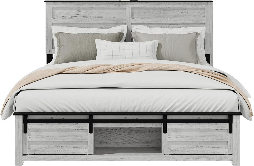Wooden Full Size Bed Frame with Headboard, Boho White Farmhouse Storage Bedframe with Sliding Barn Door Footboard and Charging Station, Wood Slats, No Box Spring Needed
